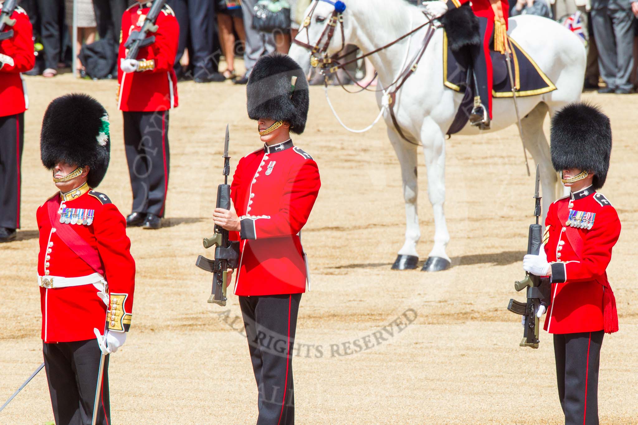 Trooping the Colour 2013: The Regimental Sergeant Major, WO1 Martin Topps, Welsh Guards, one of the two (unnamed) sentries, and the Colour Sergeant, R J Heath, Welsh Guards, presenting arms. Image #465, 15 June 2013 11:21 Horse Guards Parade, London, UK