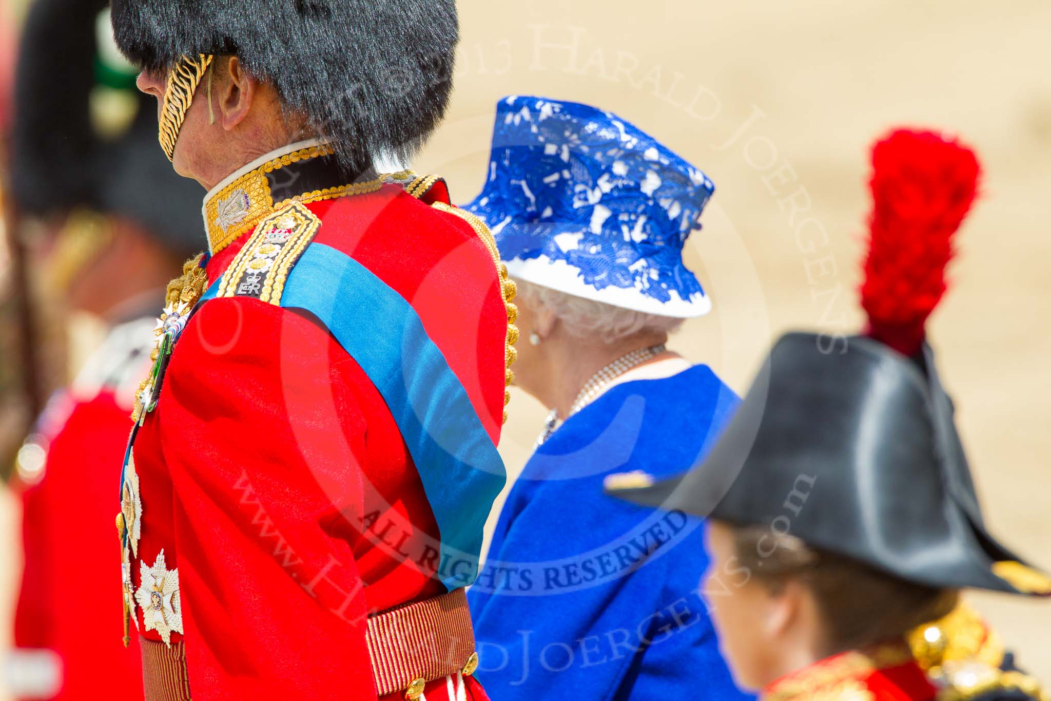 Trooping the Colour 2013: HRH The Duke of Kent and HM The Queen standing on the dais during handover of the Colour and the National Anthem. Image #469, 15 June 2013 11:21 Horse Guards Parade, London, UK