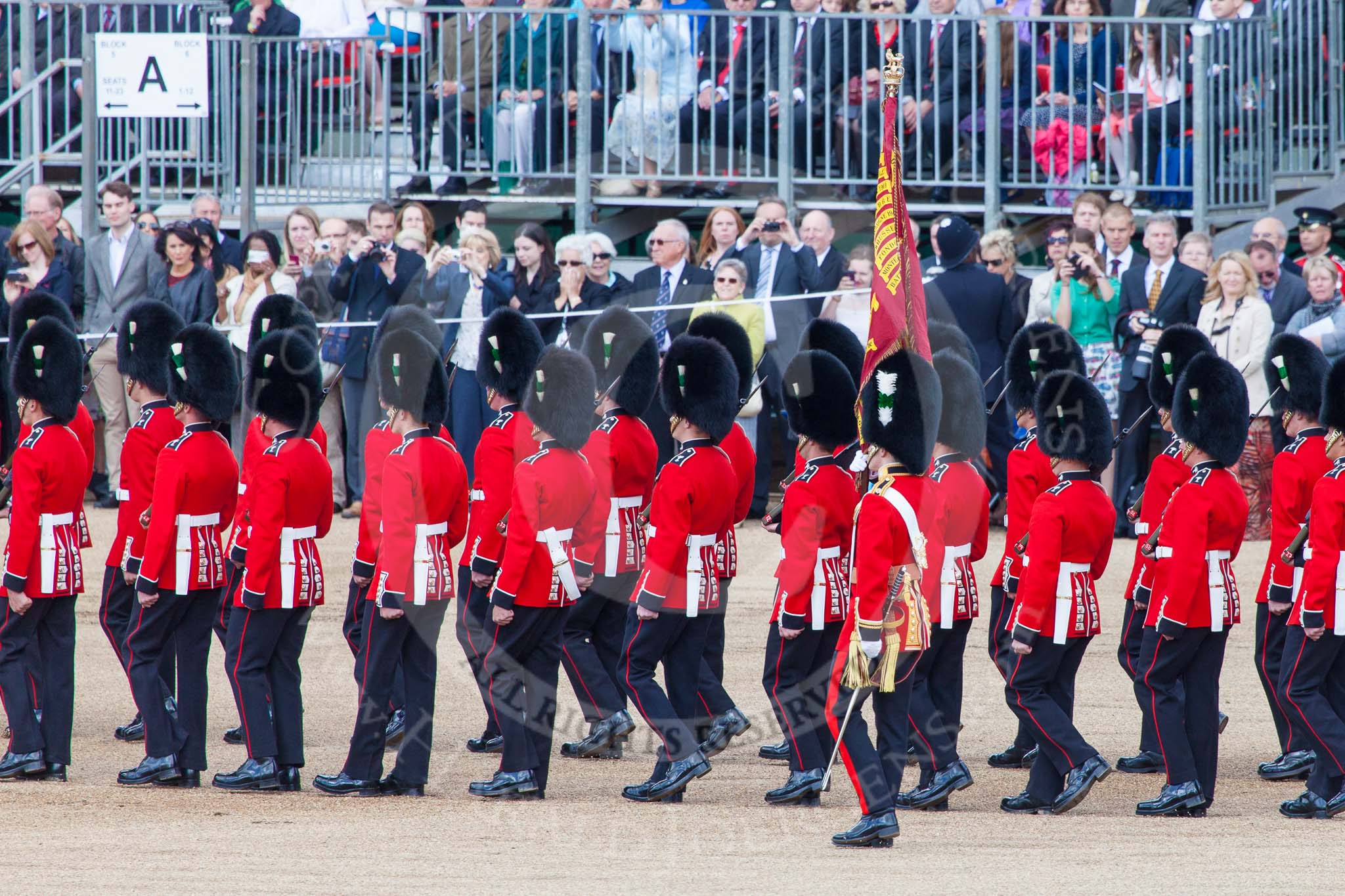 Trooping the Colour 2013: The Escort Tto the Colour is marching towards No.6 Guard, to begin the trooping the Colour through the ranks. Image #484, 15 June 2013 11:24 Horse Guards Parade, London, UK