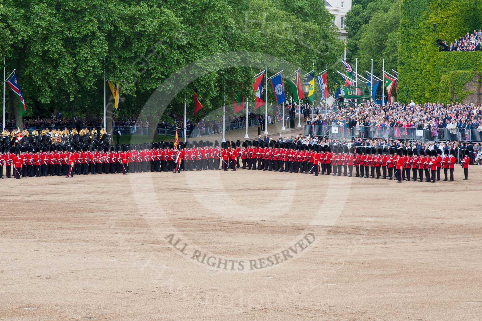 Trooping the Colour 2013: The Escort to the Colour troops the Colour past No. 5 Guard, F Company Scots Guards. Image #495, 15 June 2013 11:25 Horse Guards Parade, London, UK