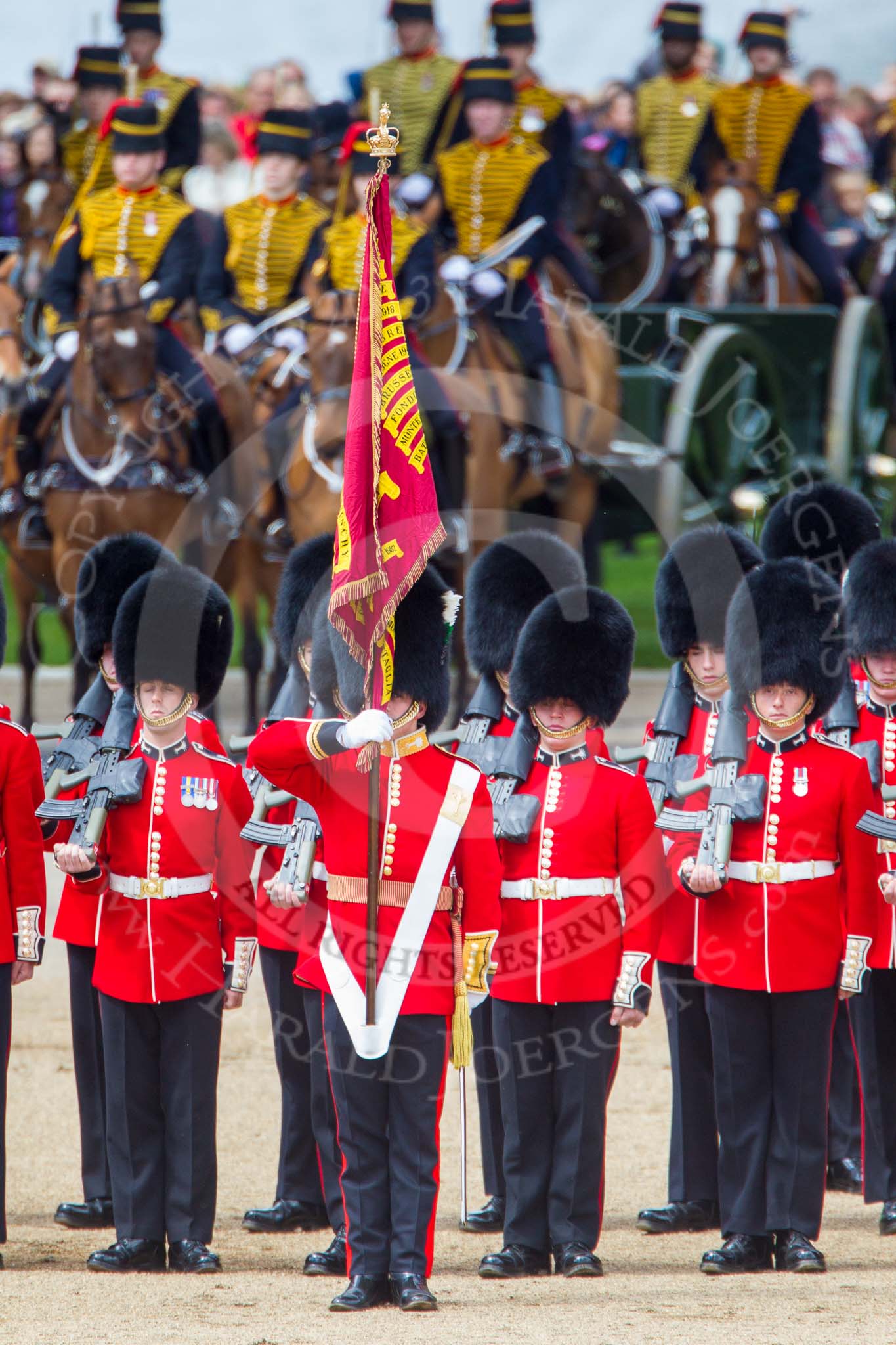 Trooping the Colour 2013: The Ensign, Second Lieutenant Joel Dinwiddle, and the Escort to the Colour,are back at their initial position, when they were the Escort for the Colour. Image #505, 15 June 2013 11:28 Horse Guards Parade, London, UK