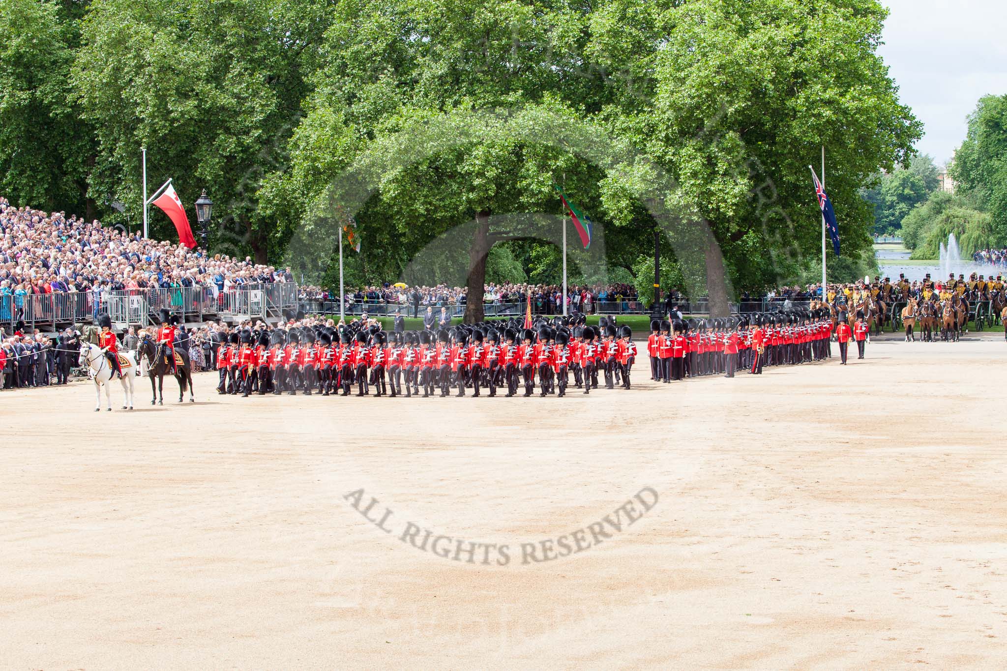 Trooping the Colour 2013: The Field Officer in Brigade Waiting, Lieutenant Colonel Dino Bossi, Welsh Guards, and the Major of the Parade, Major H G C Bettinson, Welsh Guards, leading the March Past. Image #526, 15 June 2013 11:32 Horse Guards Parade, London, UK