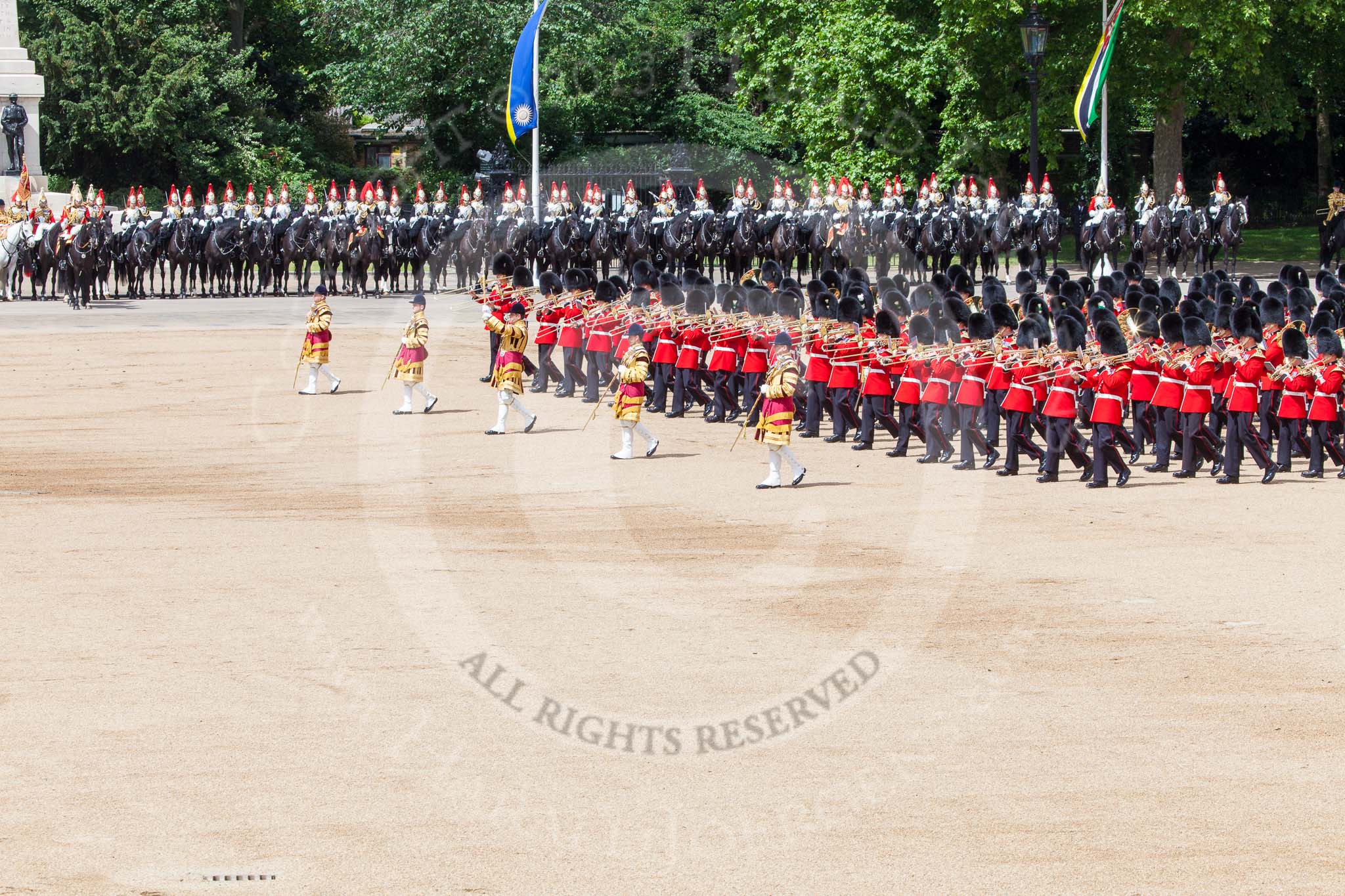 Trooping the Colour 2013: The Massed Bands, led by the five Drum Majors, during the March Past. Image #529, 15 June 2013 11:33 Horse Guards Parade, London, UK