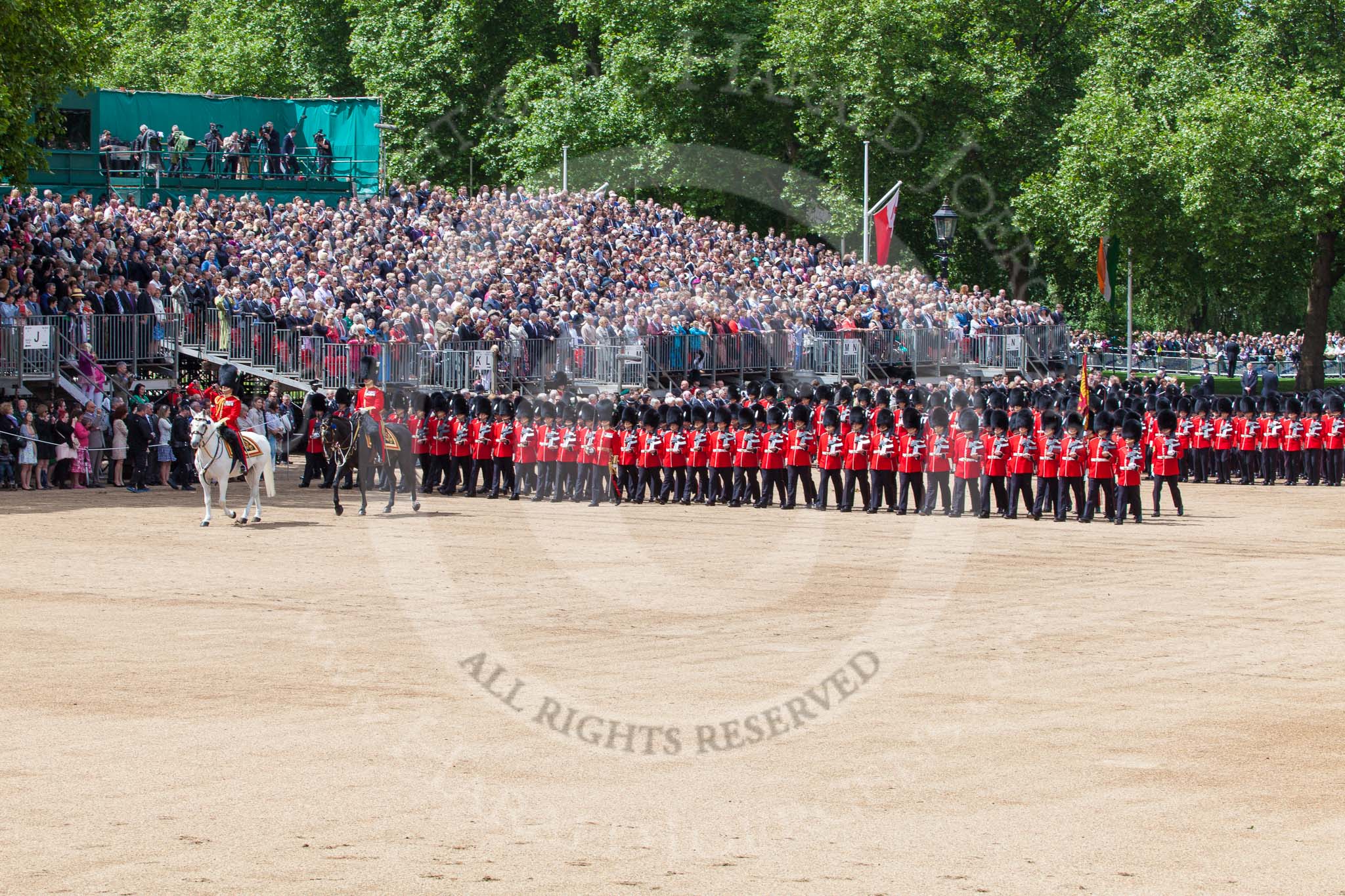 Trooping the Colour 2013: The March Past in Slow Time - Field Officer and Major of the Parade leading the six guards around Horse Guards Parade. Image #530, 15 June 2013 11:33 Horse Guards Parade, London, UK