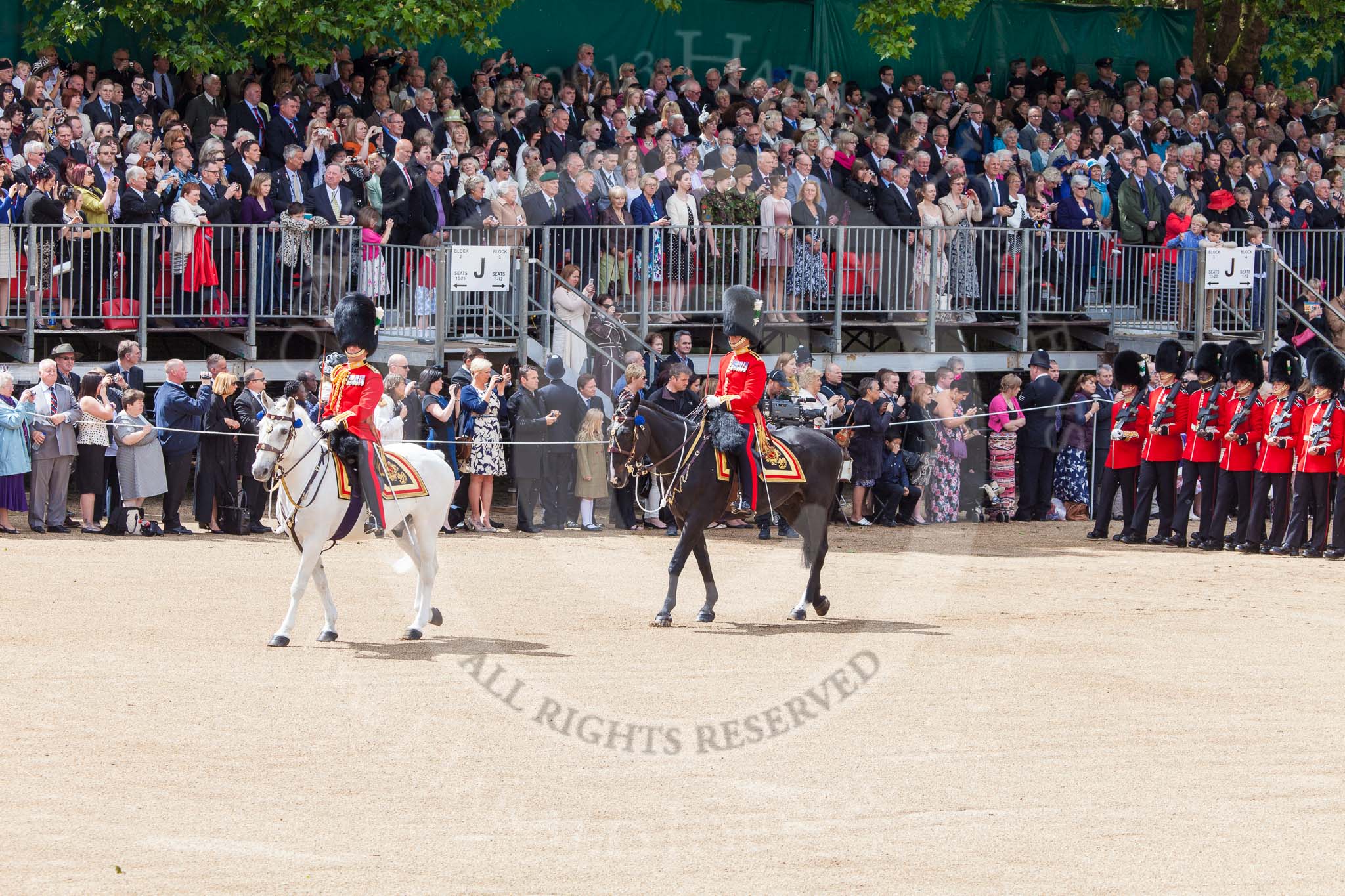 Trooping the Colour 2013: The Field Officer in Brigade Waiting, Lieutenant Colonel Dino Bossi, Welsh Guards, and the Major of the Parade, Major H G C Bettinson, Welsh Guards, leading the March Past. Image #532, 15 June 2013 11:34 Horse Guards Parade, London, UK