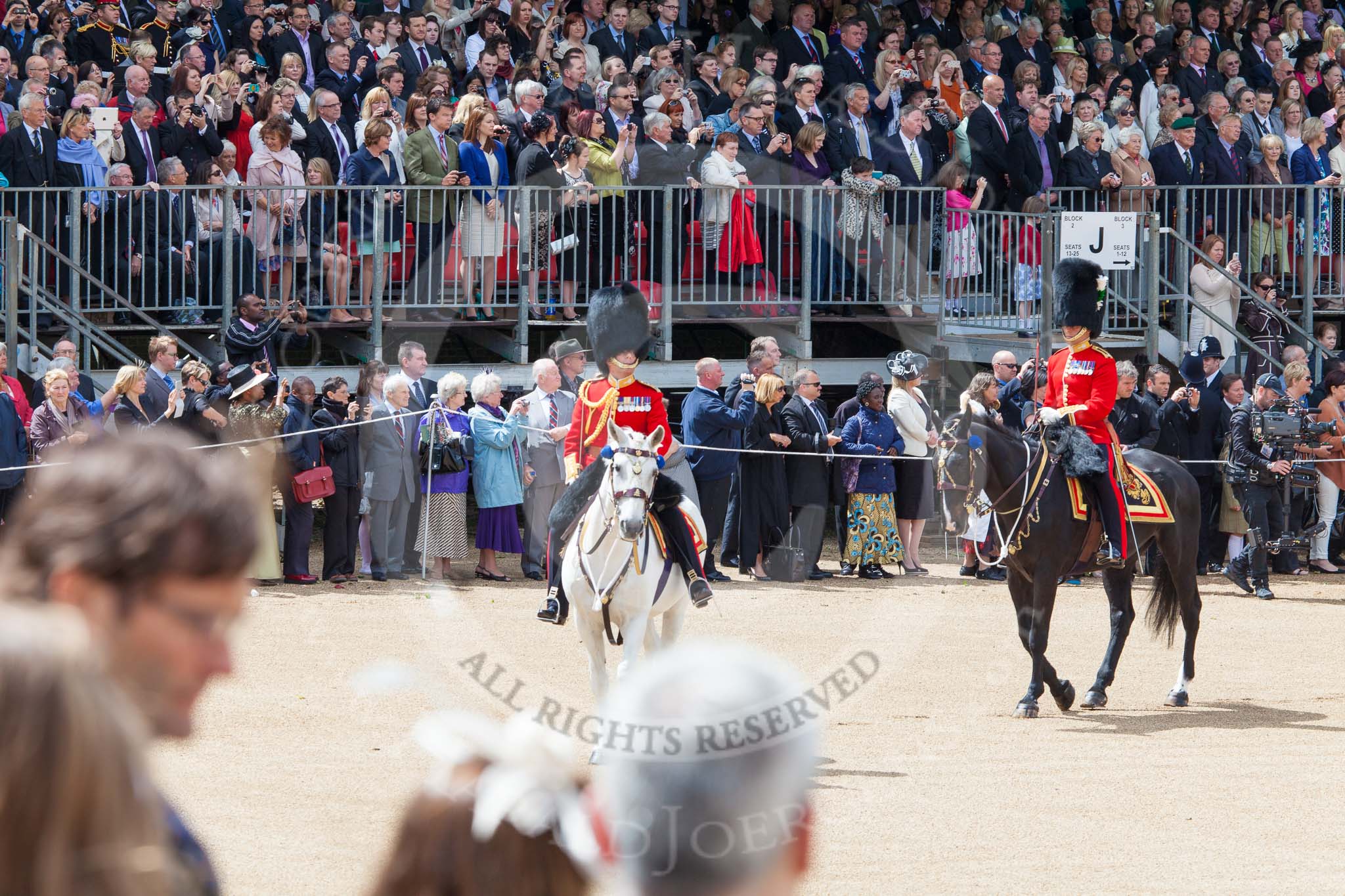 Trooping the Colour 2013: The Field Officer in Brigade Waiting, Lieutenant Colonel Dino Bossi, Welsh Guards, and the Major of the Parade, Major H G C Bettinson, Welsh Guards, leading the March Past. Image #533, 15 June 2013 11:34 Horse Guards Parade, London, UK