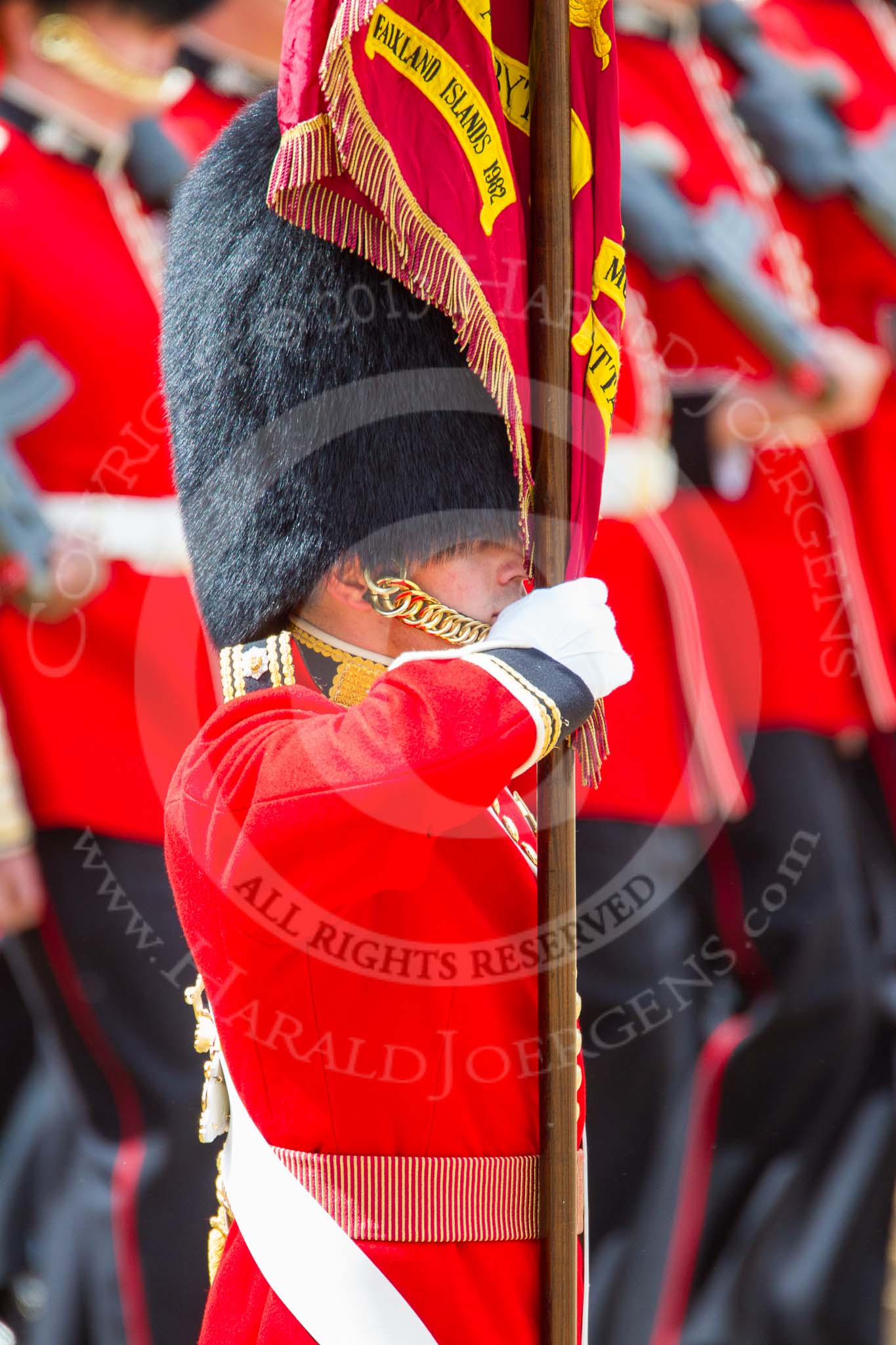 Trooping the Colour 2013: Close-up of the Ensign, Second Lieutenant Joel Dinwiddle, carrying the Colour during the March Past. Image #538, 15 June 2013 11:36 Horse Guards Parade, London, UK
