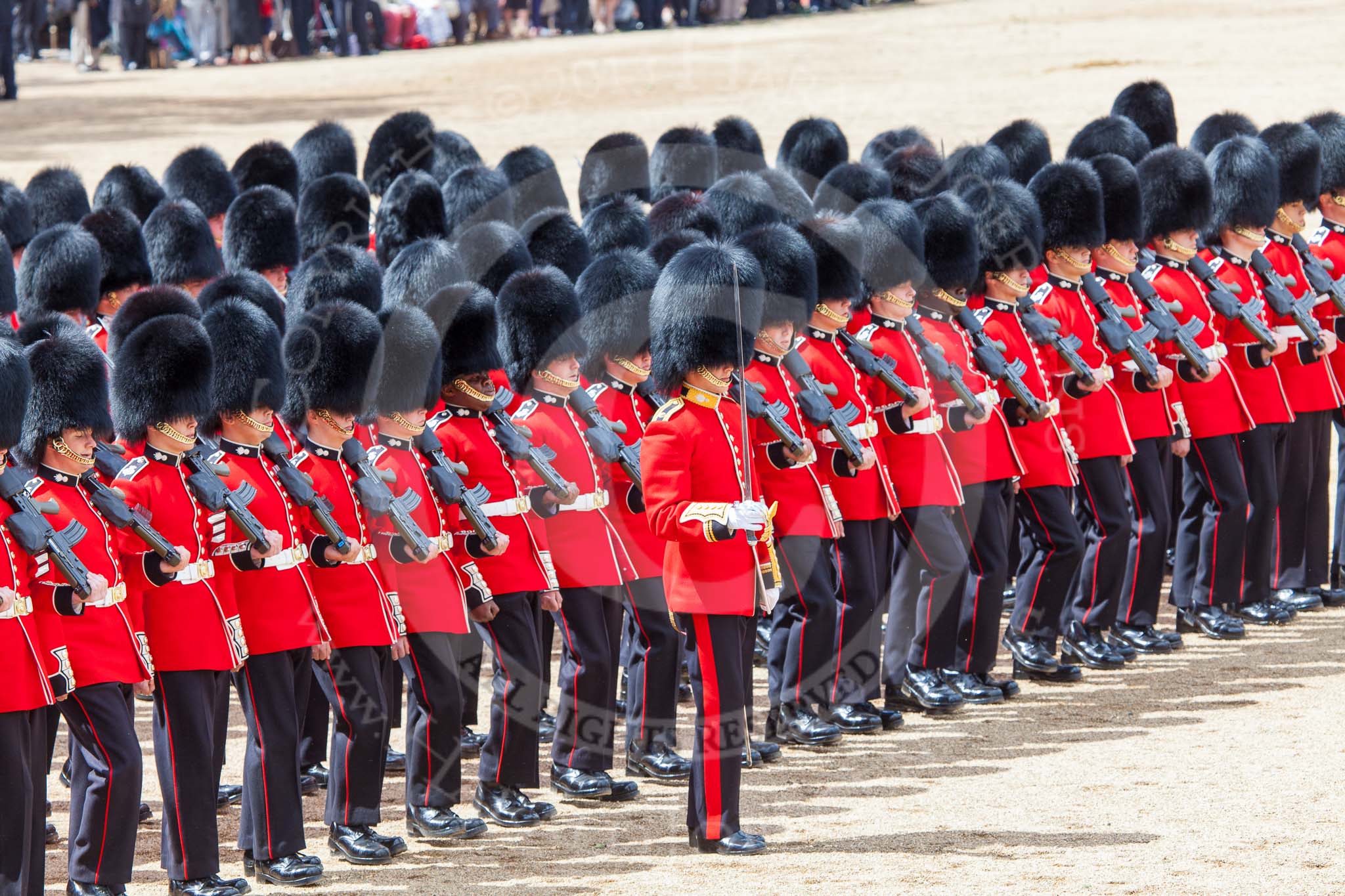 Trooping the Colour 2013: No. 4 Guard, Nijmegen Company Grenadier Guards, during the March Past, in front, with his sword drawn, Second Lieutenant D R Wellham. Image #545, 15 June 2013 11:37 Horse Guards Parade, London, UK