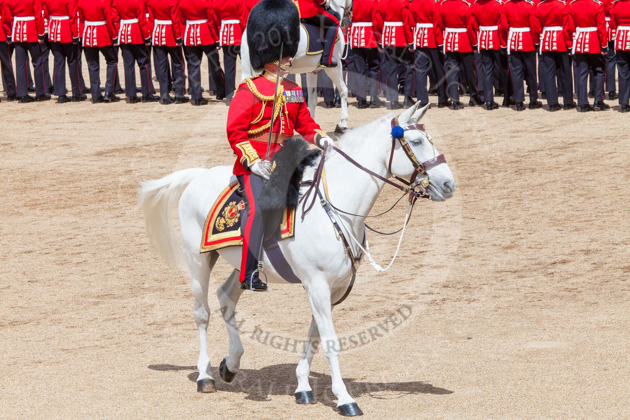 Trooping the Colour 2013: The Field Officer in Brigade Waiting, Lieutenant Colonel Dino Bossi, Welsh Guards, has left the front of the March Past to salute to Her Majesty. Image #562, 15 June 2013 11:39 Horse Guards Parade, London, UK
