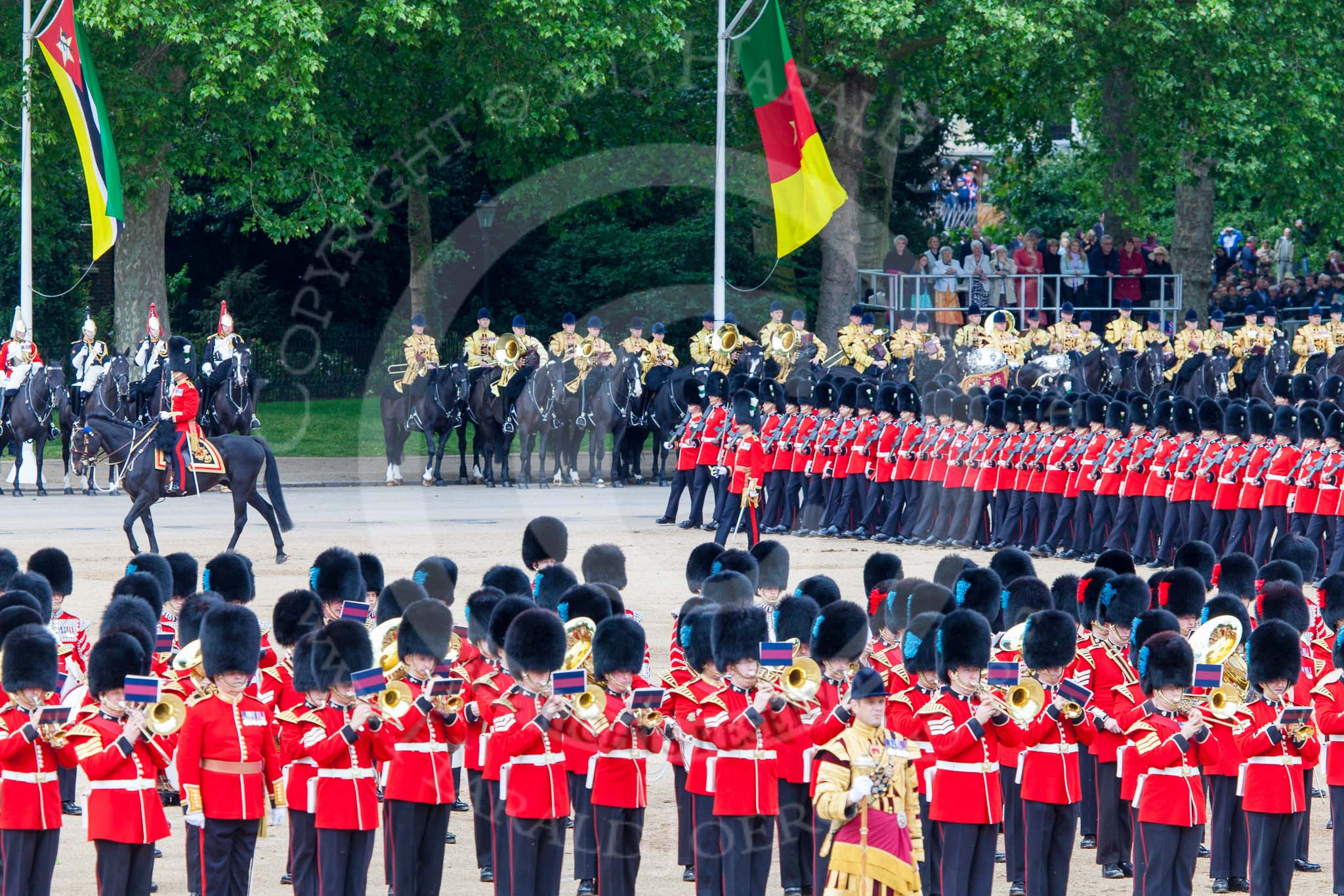 Trooping the Colour 2013: No. 1 Guard (Escort for the Colour),1st Battalion Welsh Guards, led by the Major of the Parade, at the beginning of the March Past in Quick Time. Image #575, 15 June 2013 11:42 Horse Guards Parade, London, UK