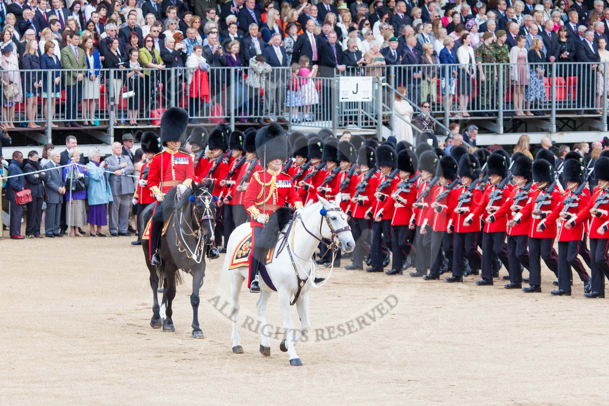 Trooping the Colour 2013: The March Past in Quick Time - the Major of the Parade, Major H G C Bettinson, Welsh Guards, and the Field Officer in Brigade Waiting, Lieutenant Colonel Dino Bossi, Welsh Guards. Image #593, 15 June 2013 11:44 Horse Guards Parade, London, UK