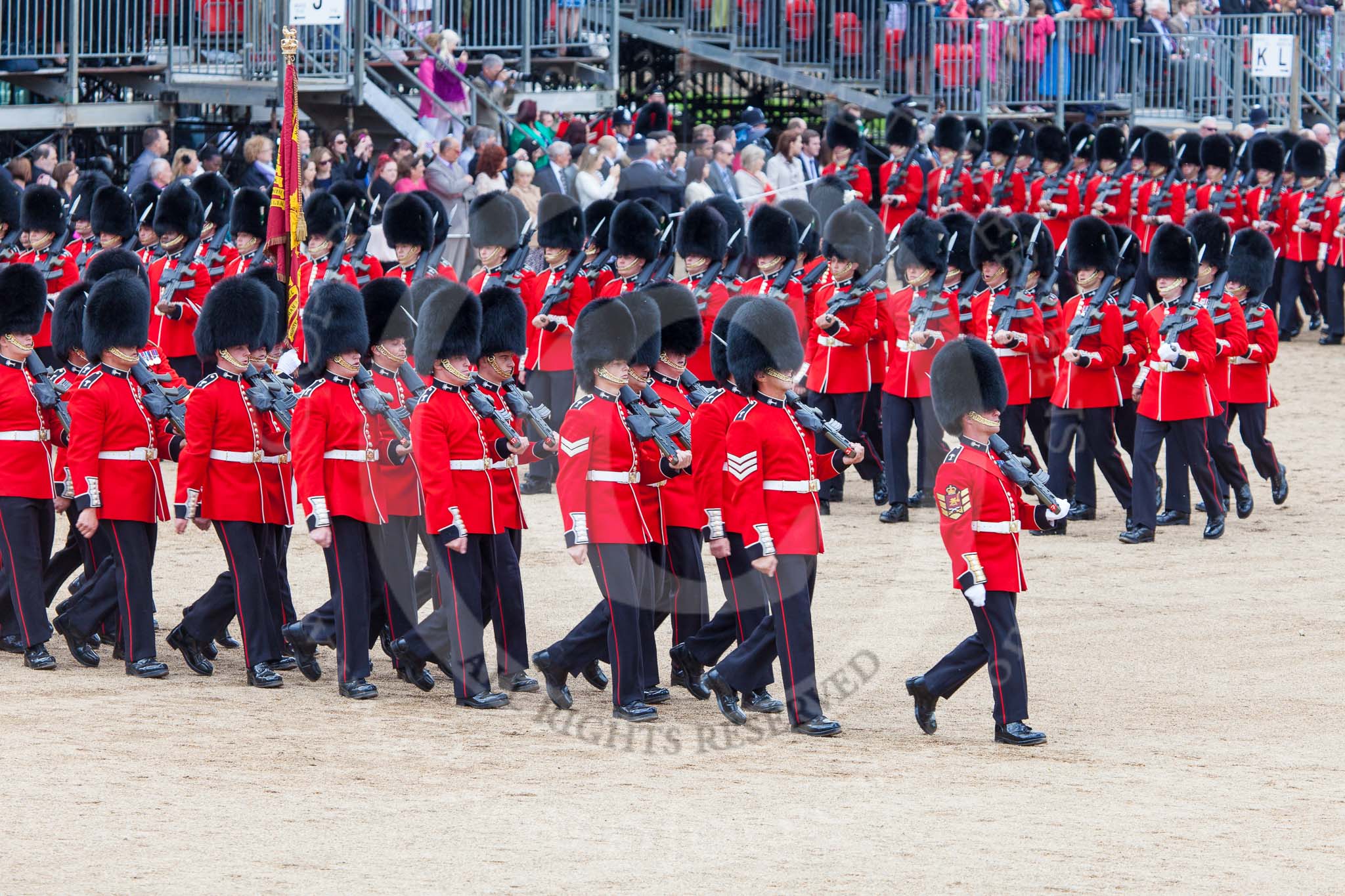 Trooping the Colour 2013: The March Past in Quick Time - the Major of the Parade, Major H G C Bettinson, Welsh Guards, and the Field Officer in Brigade Waiting, Lieutenant Colonel Dino Bossi, Welsh Guards. Image #594, 15 June 2013 11:44 Horse Guards Parade, London, UK