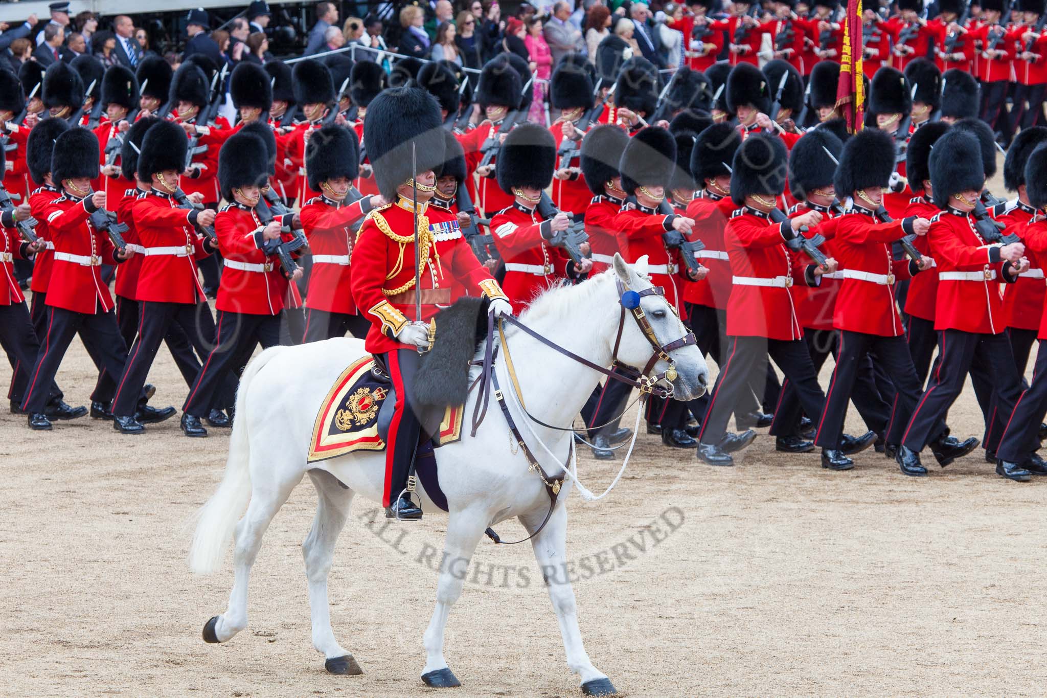 Trooping the Colour 2013: The March Past in Quick Time - the Major of the Parade, Major H G C Bettinson, Welsh Guards, and the Field Officer in Brigade Waiting, Lieutenant Colonel Dino Bossi, Welsh Guards. Image #595, 15 June 2013 11:44 Horse Guards Parade, London, UK