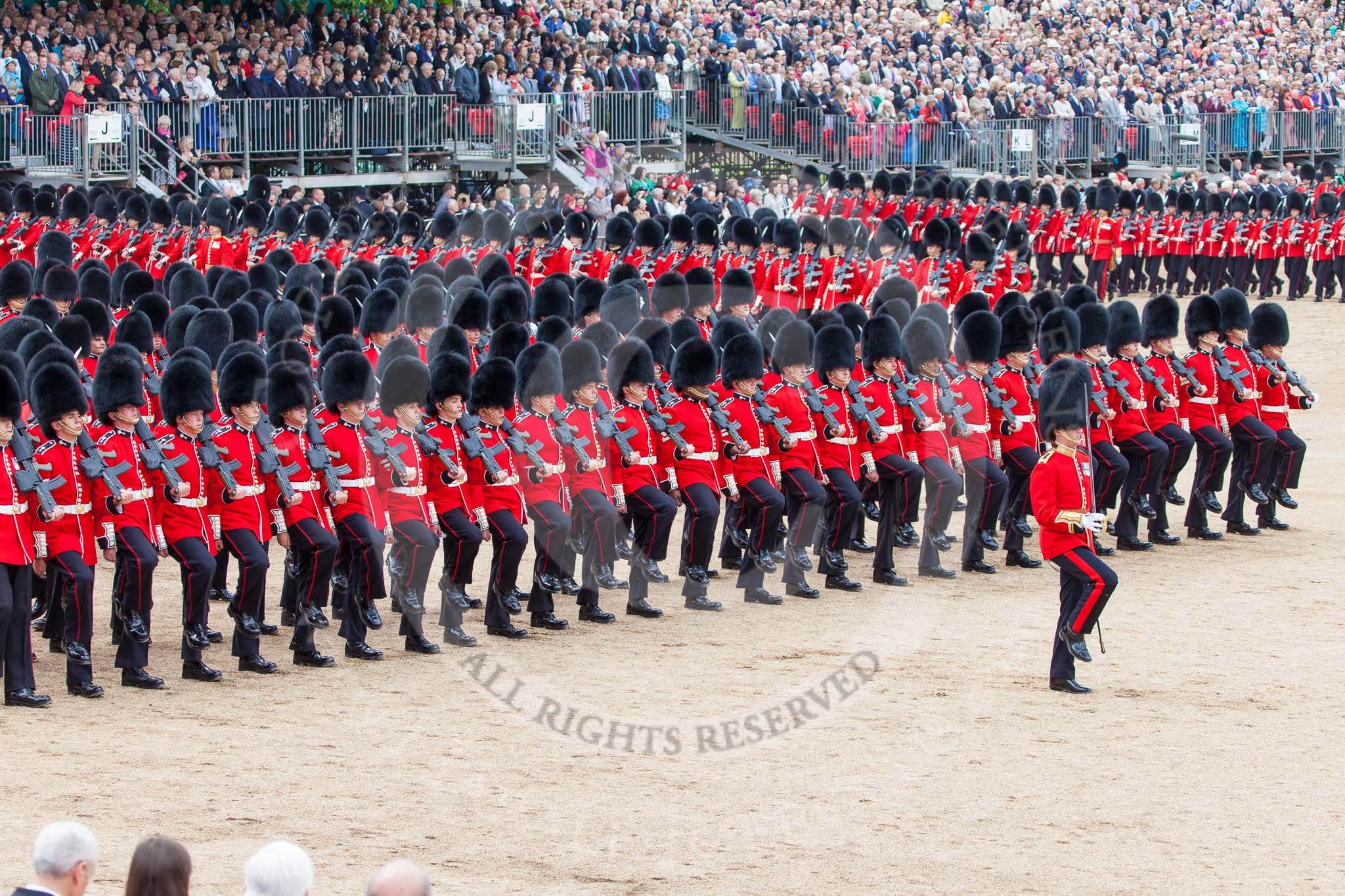 Trooping the Colour 2013: The March Past in Quick Time - the Major of the Parade, Major H G C Bettinson, Welsh Guards, and the Field Officer in Brigade Waiting, Lieutenant Colonel Dino Bossi, Welsh Guards. Image #599, 15 June 2013 11:44 Horse Guards Parade, London, UK