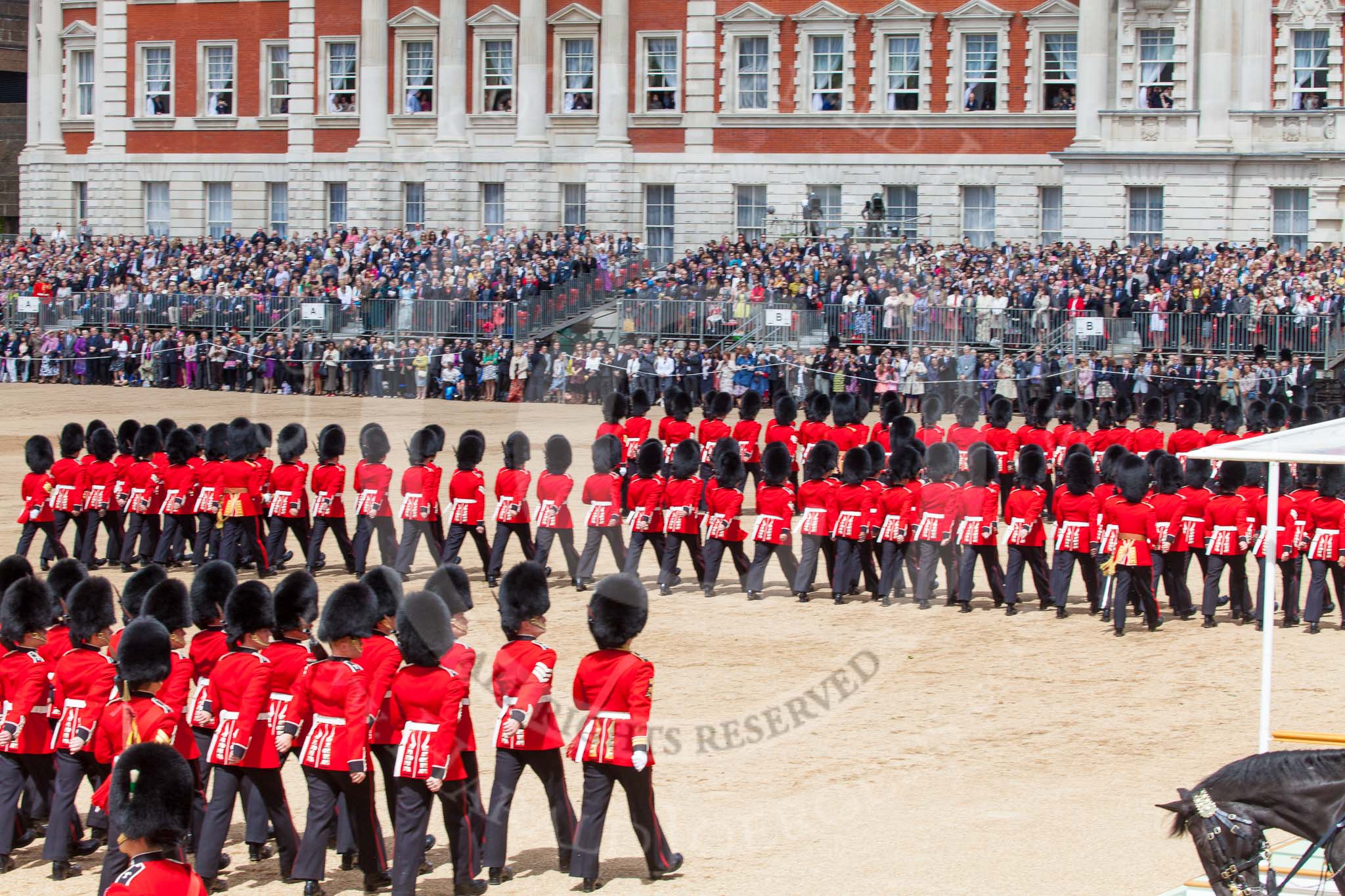 Trooping the Colour 2013: The March Past in Quick Time - No. 1 to No. 3 Guard marching past the dais. Image #608, 15 June 2013 11:46 Horse Guards Parade, London, UK