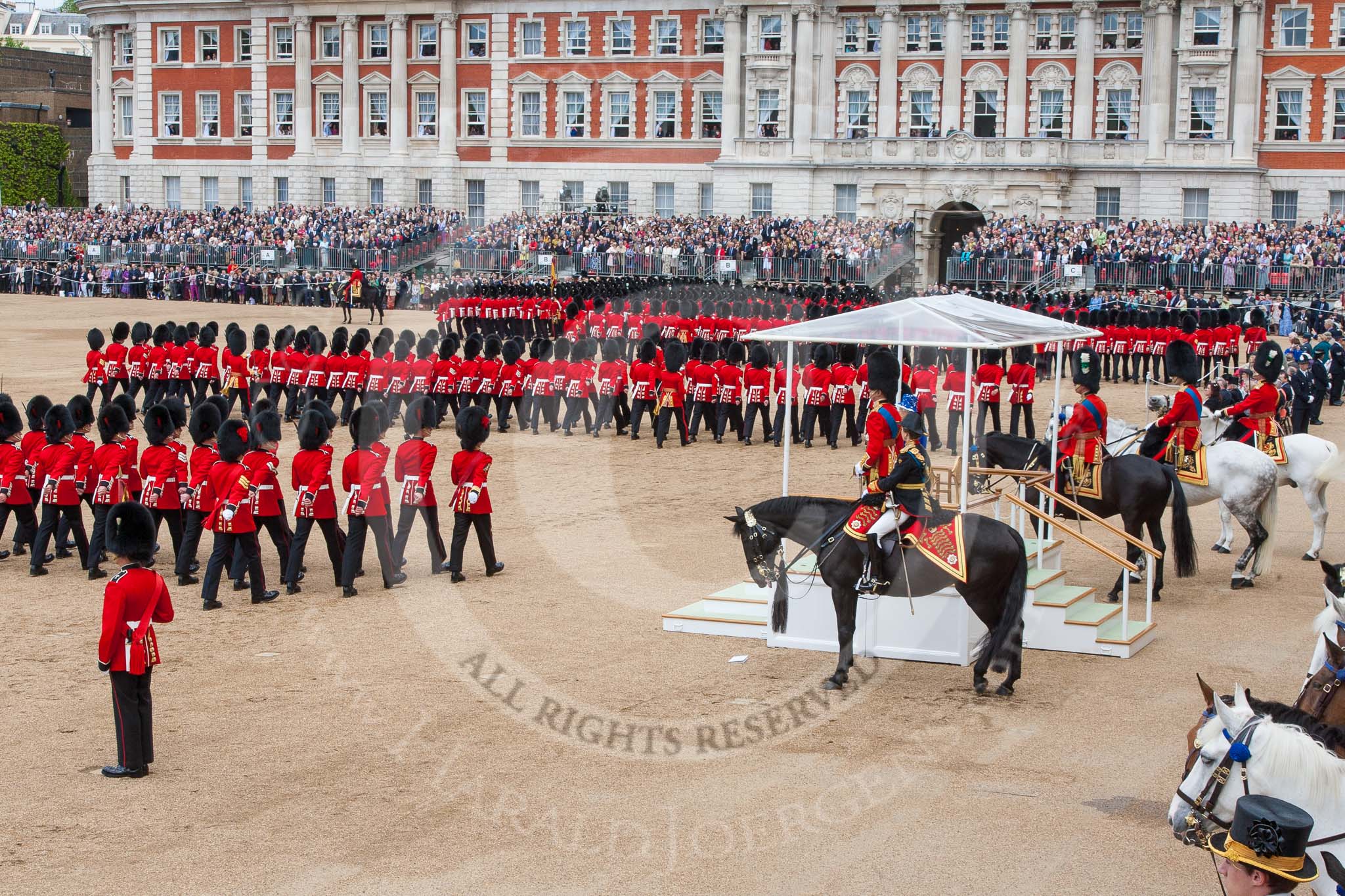 Trooping the Colour 2013: The March Past in Quick Time - No. 1 to No. 4 Guard marching past the dais. Image #611, 15 June 2013 11:46 Horse Guards Parade, London, UK