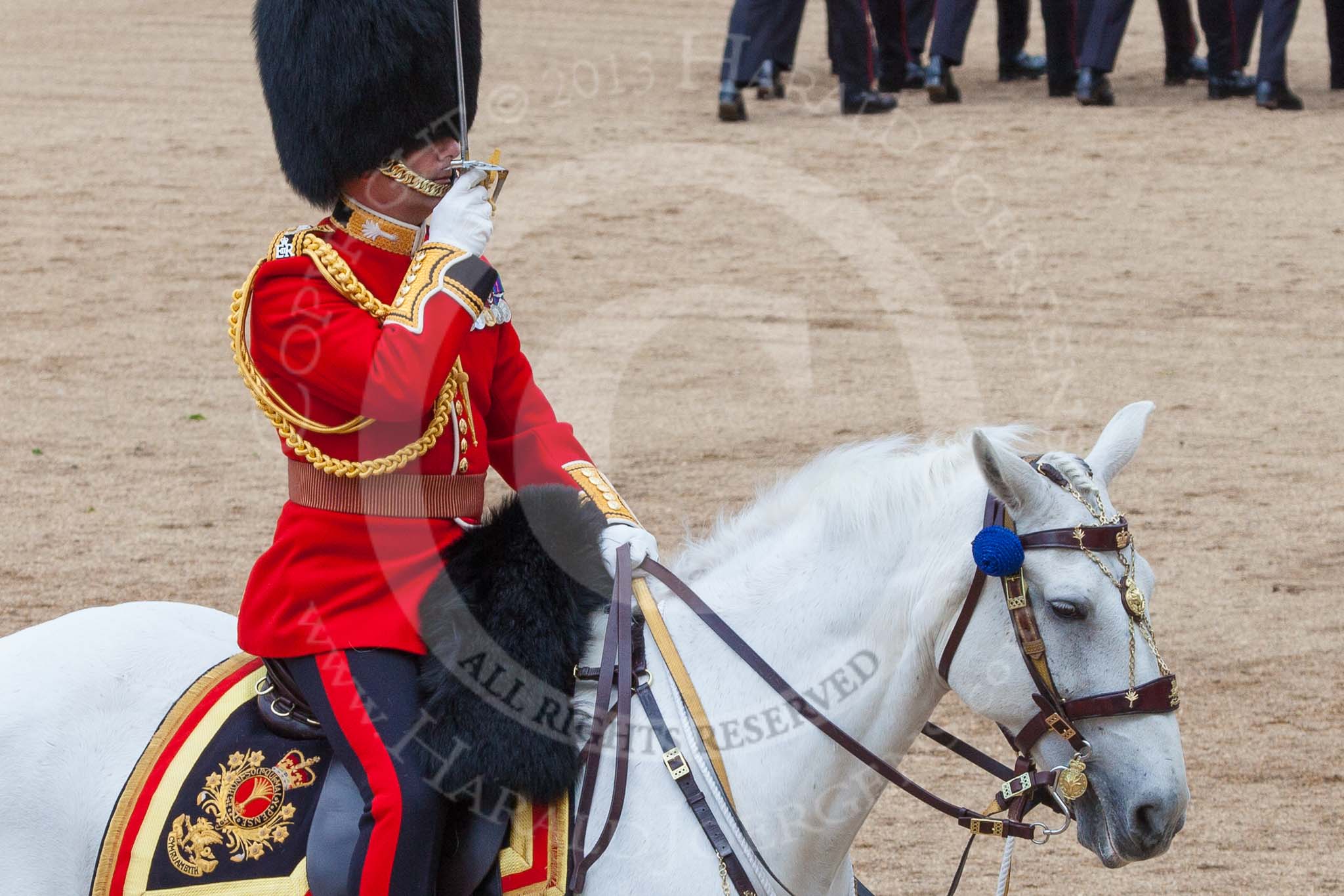 Trooping the Colour 2013: The Field Officer in Brigade Waiting, Lieutenant Colonel Dino Bossi, Welsh Guards, saluting Her Majesty during the March Past in Quick Time. Image #614, 15 June 2013 11:47 Horse Guards Parade, London, UK