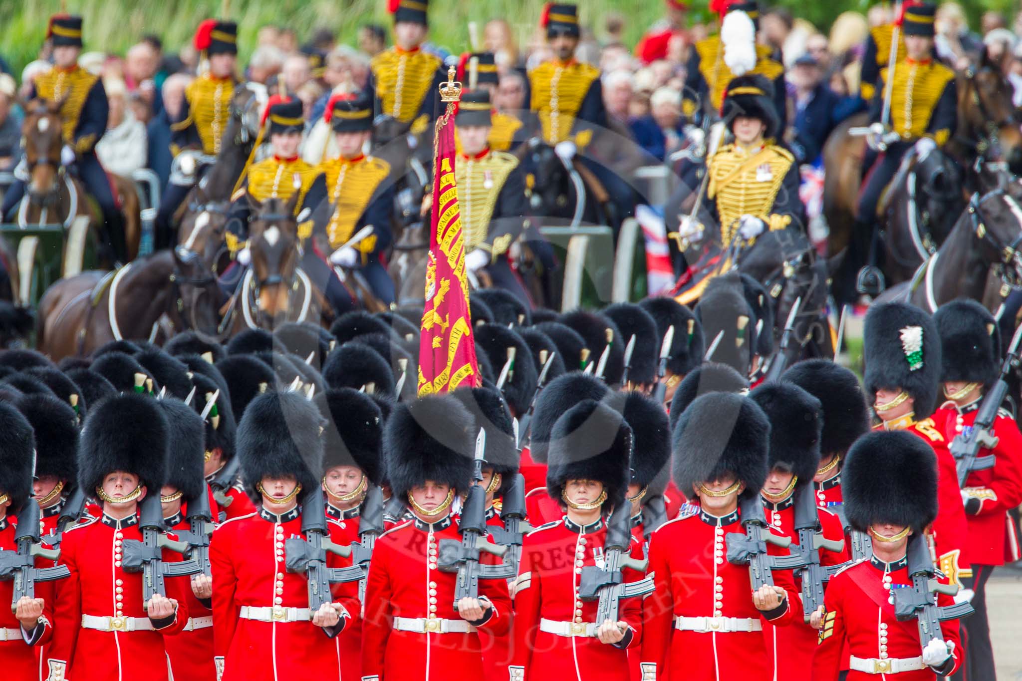 Trooping the Colour 2013: At the end of the March Past in Quick Time, all five guards on the northern side of Horse Guards Parade peform a ninety-degree-turn at the same time. Image #629, 15 June 2013 11:49 Horse Guards Parade, London, UK