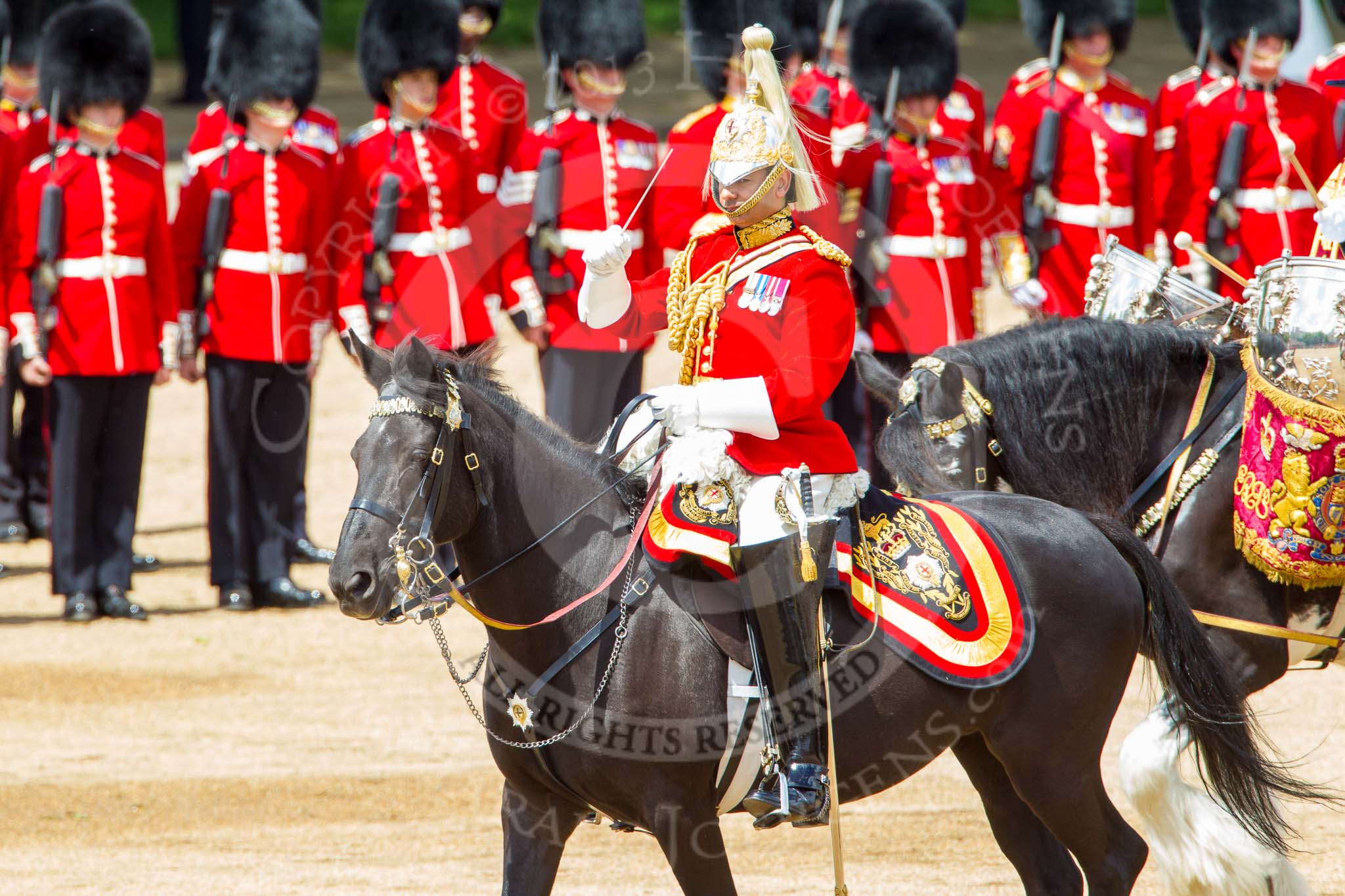 Trooping the Colour 2013: The Director of Music of the Household Cavalry, Major Paul Wilman, The Life Guards, during the Mounted Troops Ride Past. Image #651, 15 June 2013 11:52 Horse Guards Parade, London, UK