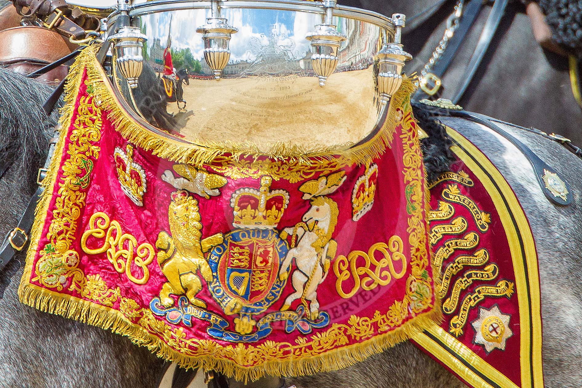 Trooping the Colour 2013: Detail of one of the kettle drums (The Life Guards). Image #654, 15 June 2013 11:53 Horse Guards Parade, London, UK