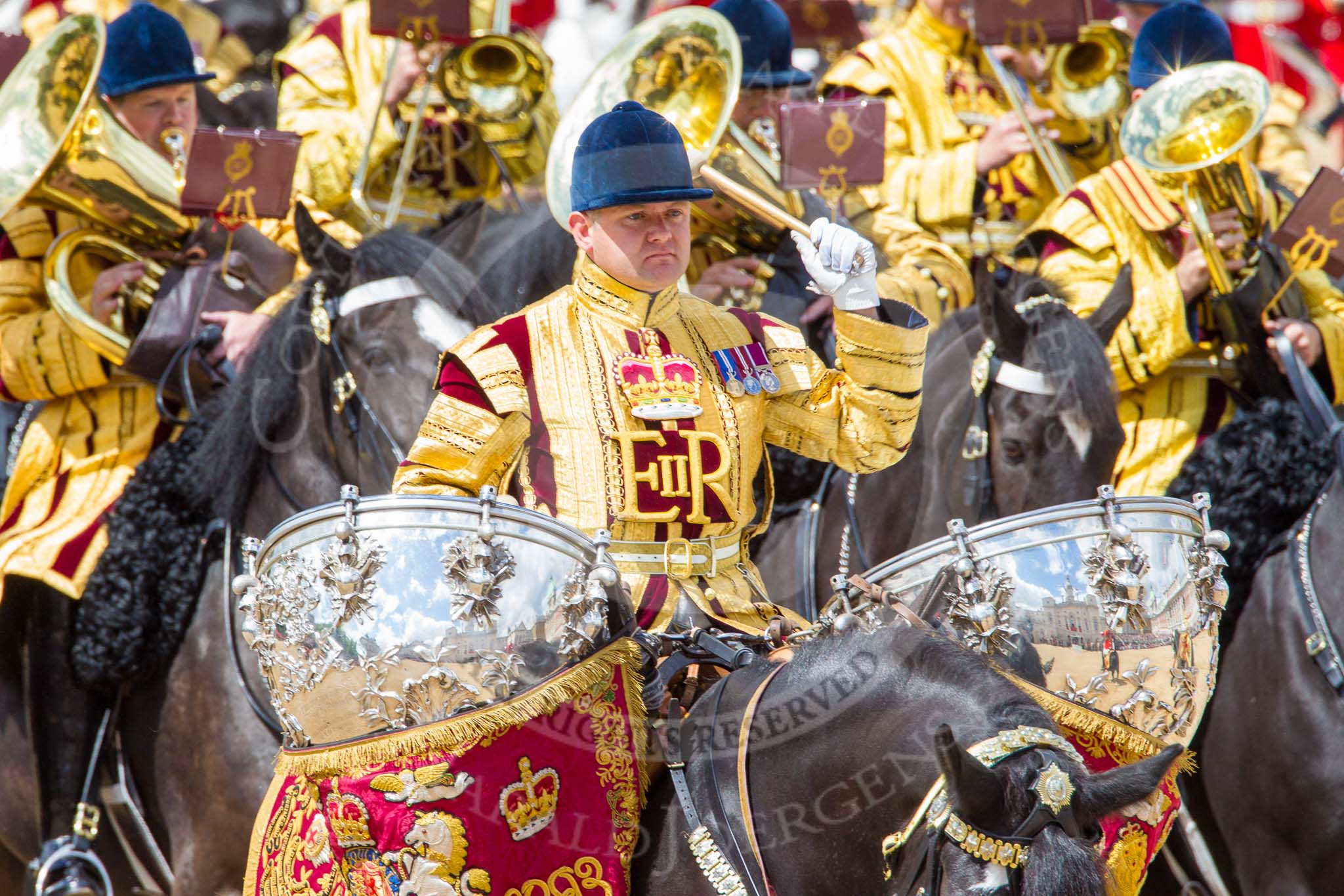 Trooping the Colour 2013: The kettle drummr from The Life Guards during the Ride Past. Image #657, 15 June 2013 11:53 Horse Guards Parade, London, UK