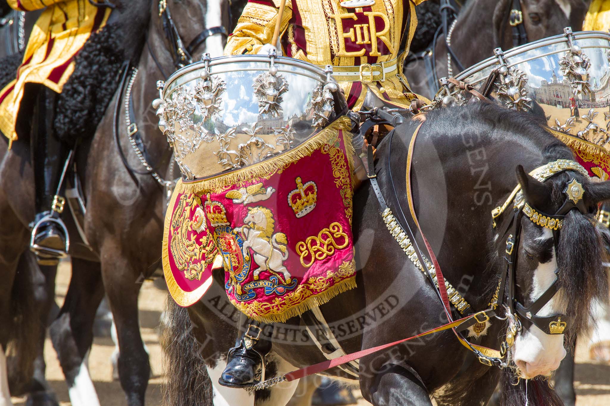 Trooping the Colour 2013: The kettle drummr from The Life Guards - a closer look ar all the detail. Image #658, 15 June 2013 11:53 Horse Guards Parade, London, UK