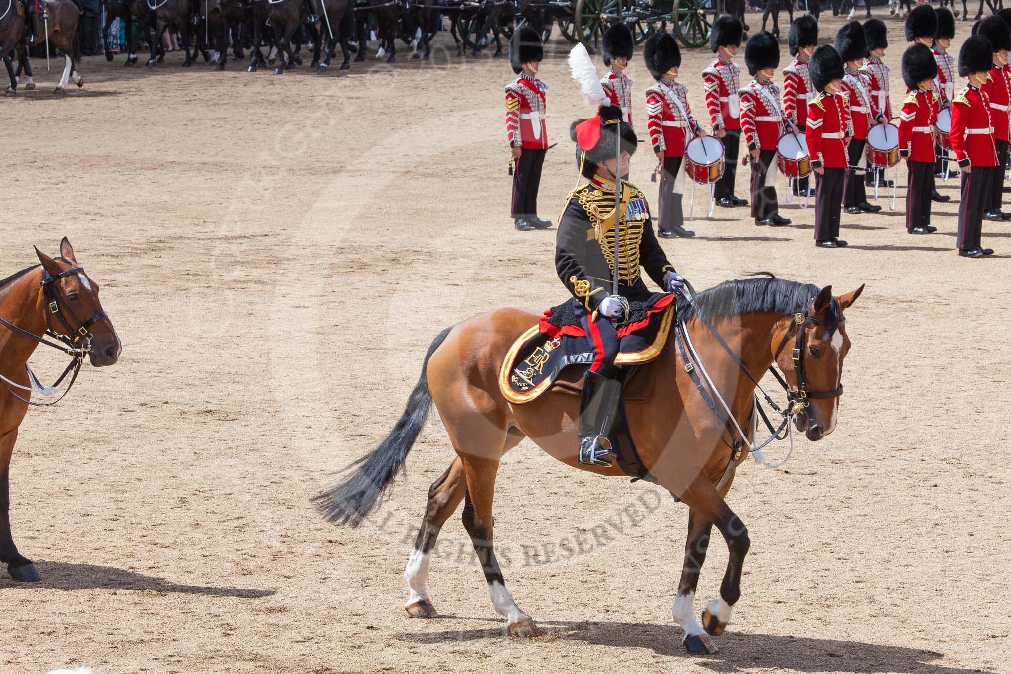 Trooping the Colour 2013: The Ride Past - the King's Troop Royal Horse Artillery. Here the Commanding Officer, Major Mark Edward, Royal Horse Artillery. Image #661, 15 June 2013 11:54 Horse Guards Parade, London, UK