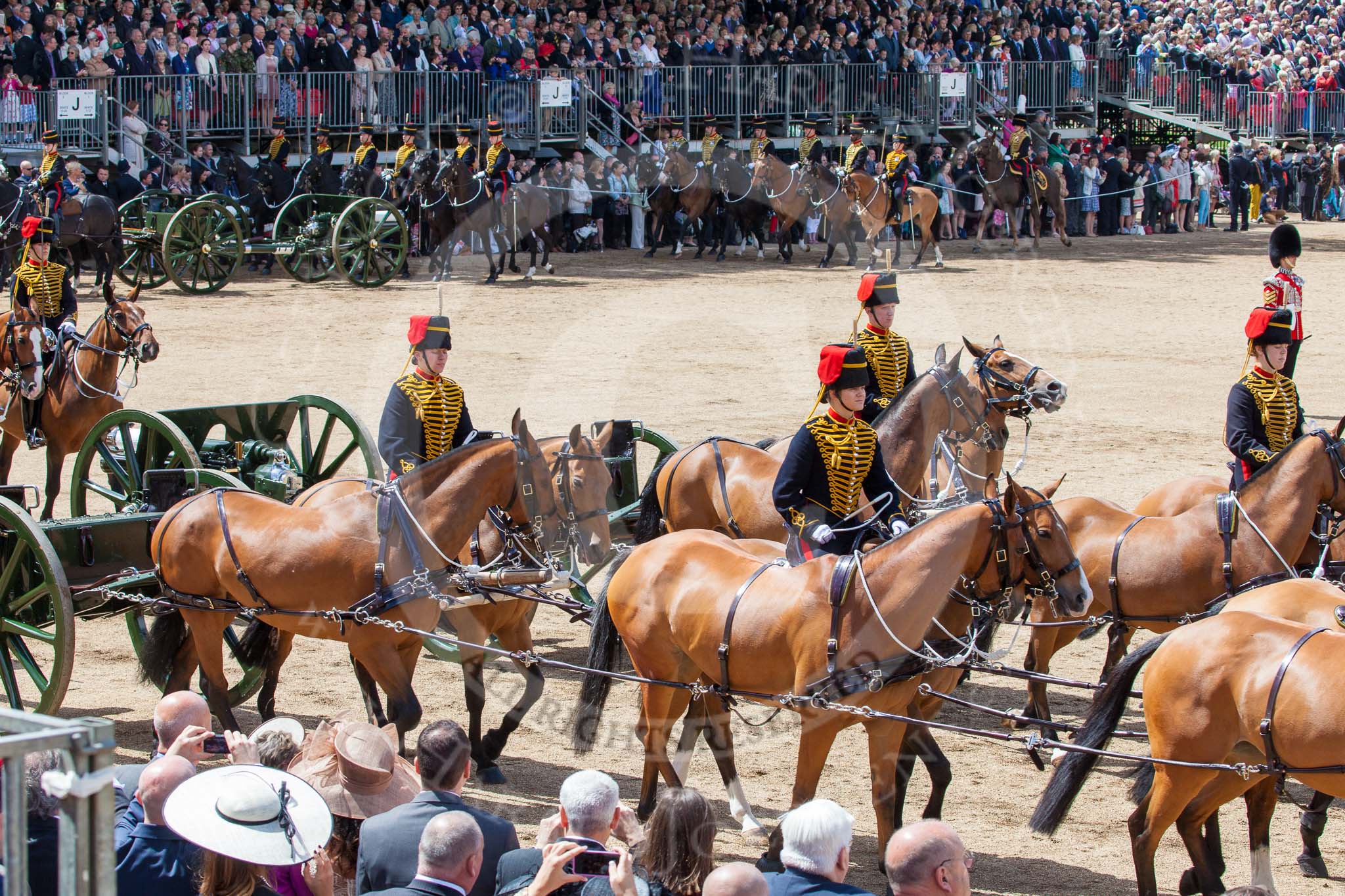 Trooping the Colour 2013: The Ride Past - the King's Troop Royal Horse Artillery. Six horses are pulling a WWI 13-pounder field gun. Image #671, 15 June 2013 11:54 Horse Guards Parade, London, UK