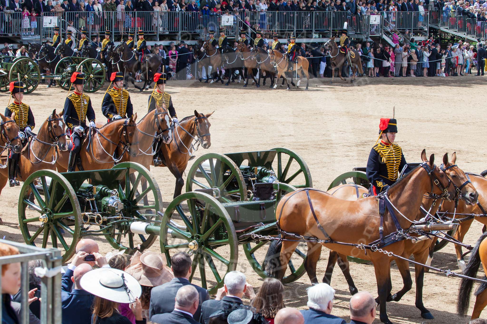 Trooping the Colour 2013: The Ride Past - the King's Troop Royal Horse Artillery. Six horses are pulling a WWI 13-pounder field gun. Image #672, 15 June 2013 11:54 Horse Guards Parade, London, UK