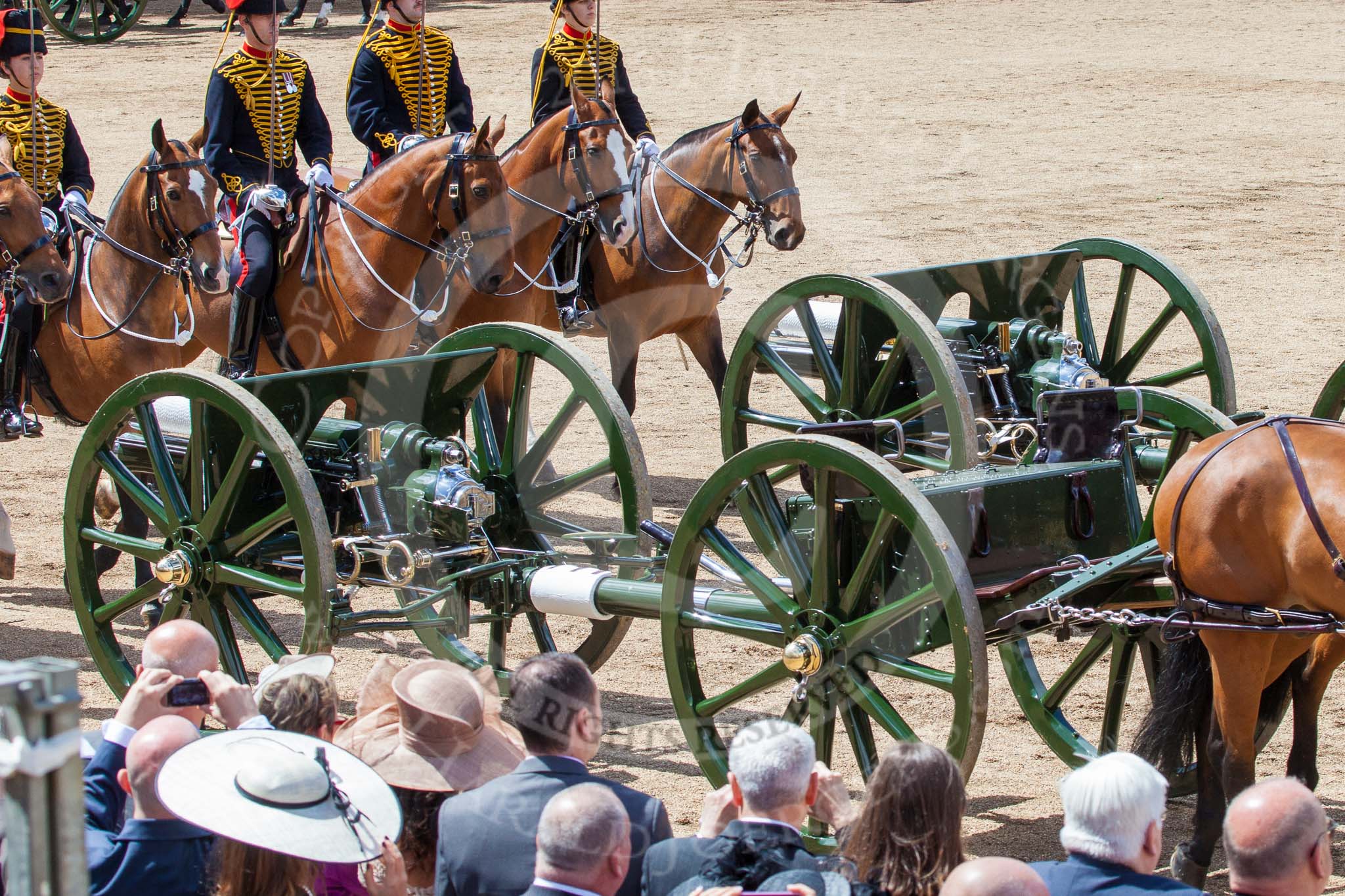 Trooping the Colour 2013: The Ride Past - the King's Troop Royal Horse Artillery. Six horses are pulling a WWI 13-pounder field gun. Image #673, 15 June 2013 11:54 Horse Guards Parade, London, UK