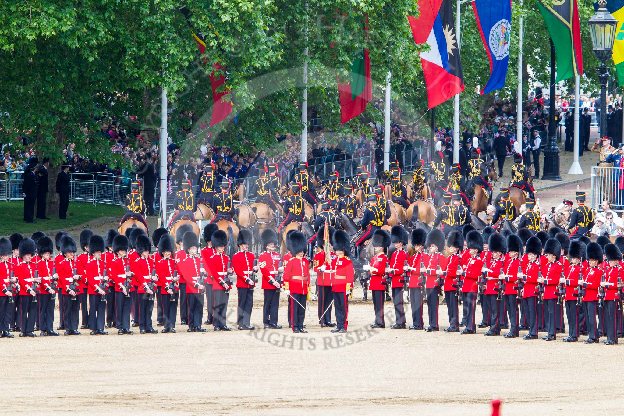 Trooping the Colour 2013: With the Ride Past coming to and end, the King's Troop Royal Horse Artillery are gathering on Horse Guards Road, ready to leave Horse Guards Parade and to march off. Image #738, 15 June 2013 12:00 Horse Guards Parade, London, UK