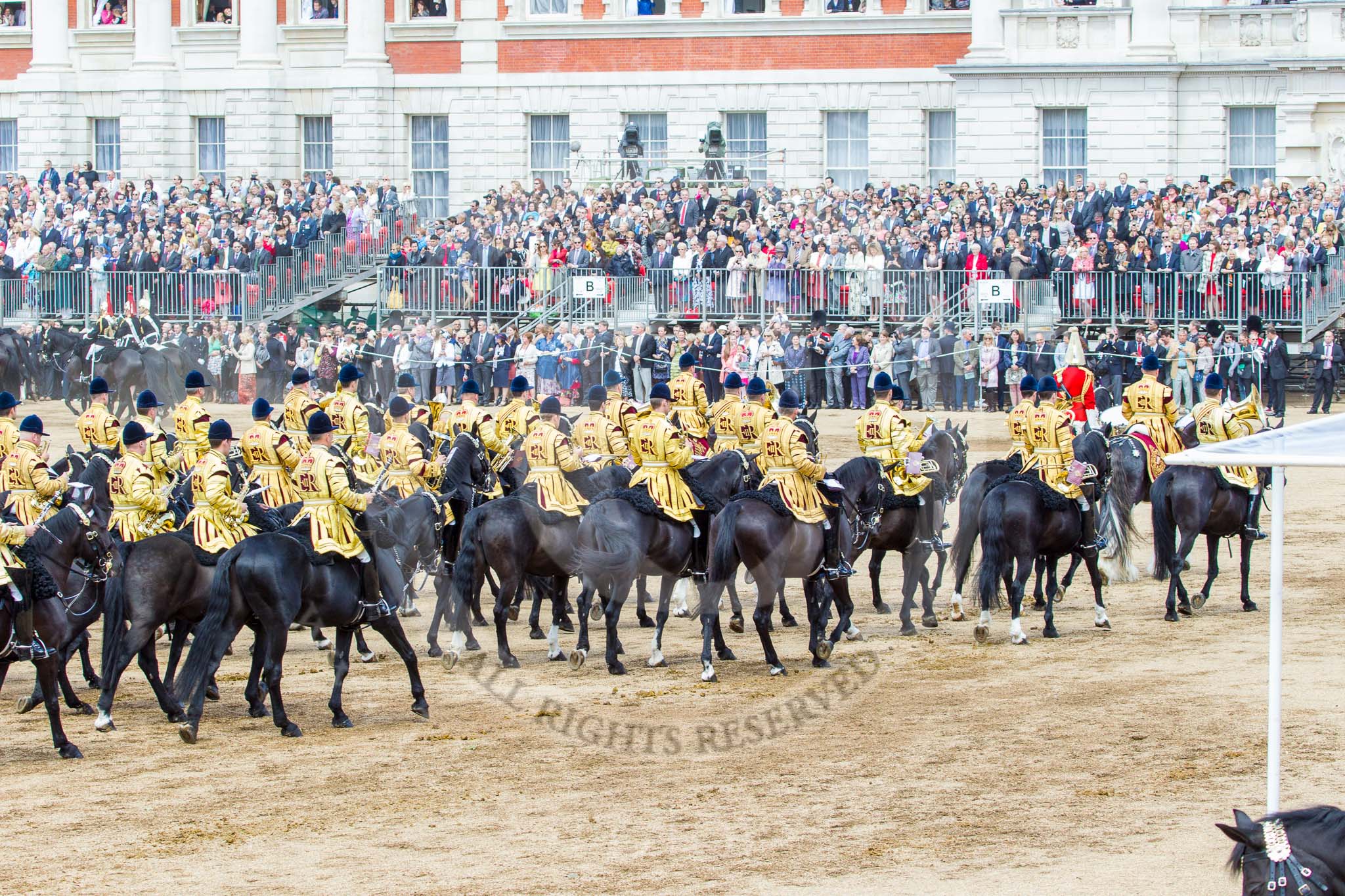 Trooping the Colour 2013: The Mounted Bands of the Household Cavalry are ready to leave, they follow the Hosehold Cavalry up to Horse Guards Road, where they will wait, with the Royal Horse Artillery, to march off. Image #754, 15 June 2013 12:00 Horse Guards Parade, London, UK