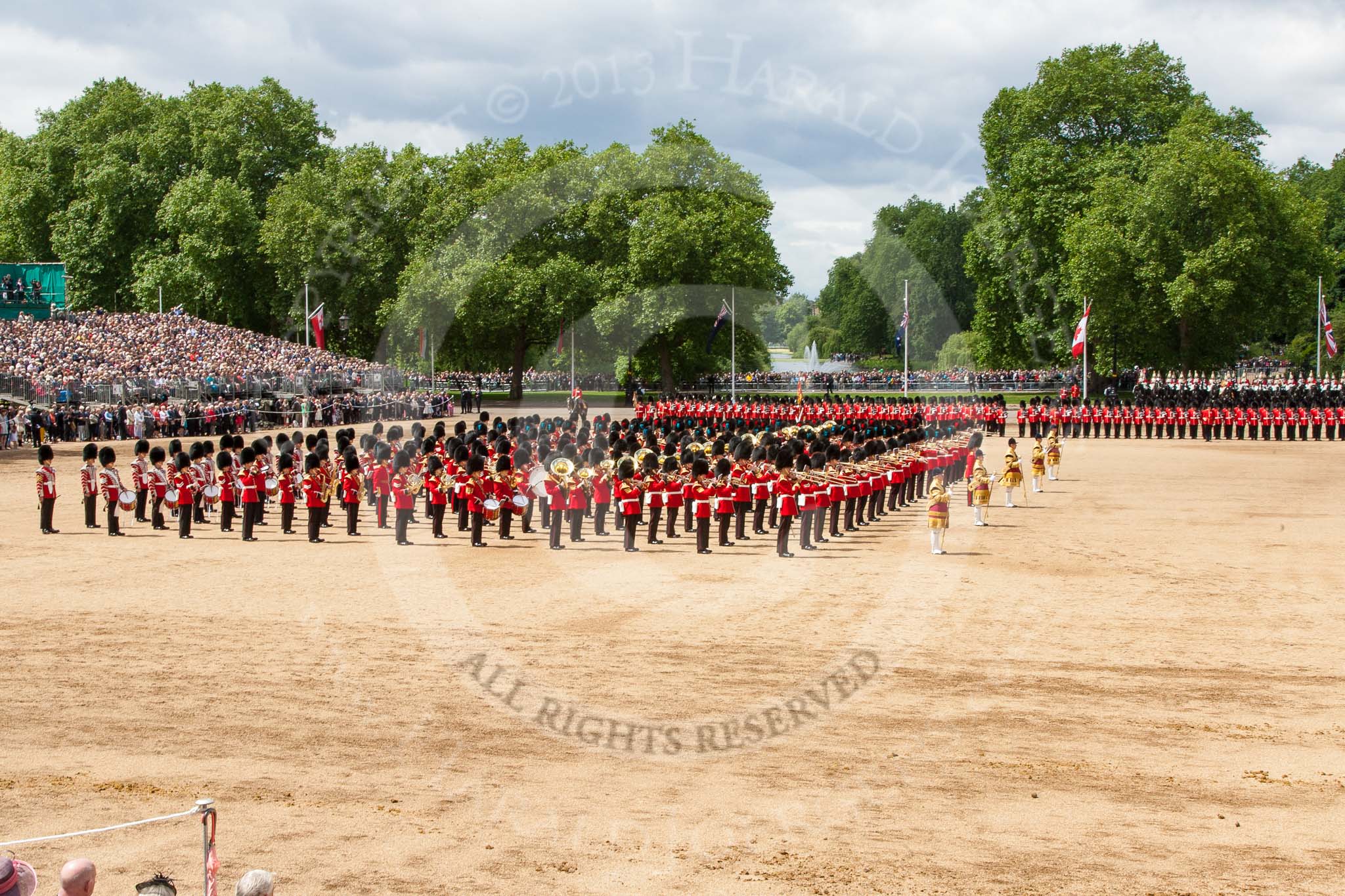 Trooping the Colour 2013: The Massed Bands, with the five drum majors, after the Ride Past. Image #759, 15 June 2013 12:02 Horse Guards Parade, London, UK
