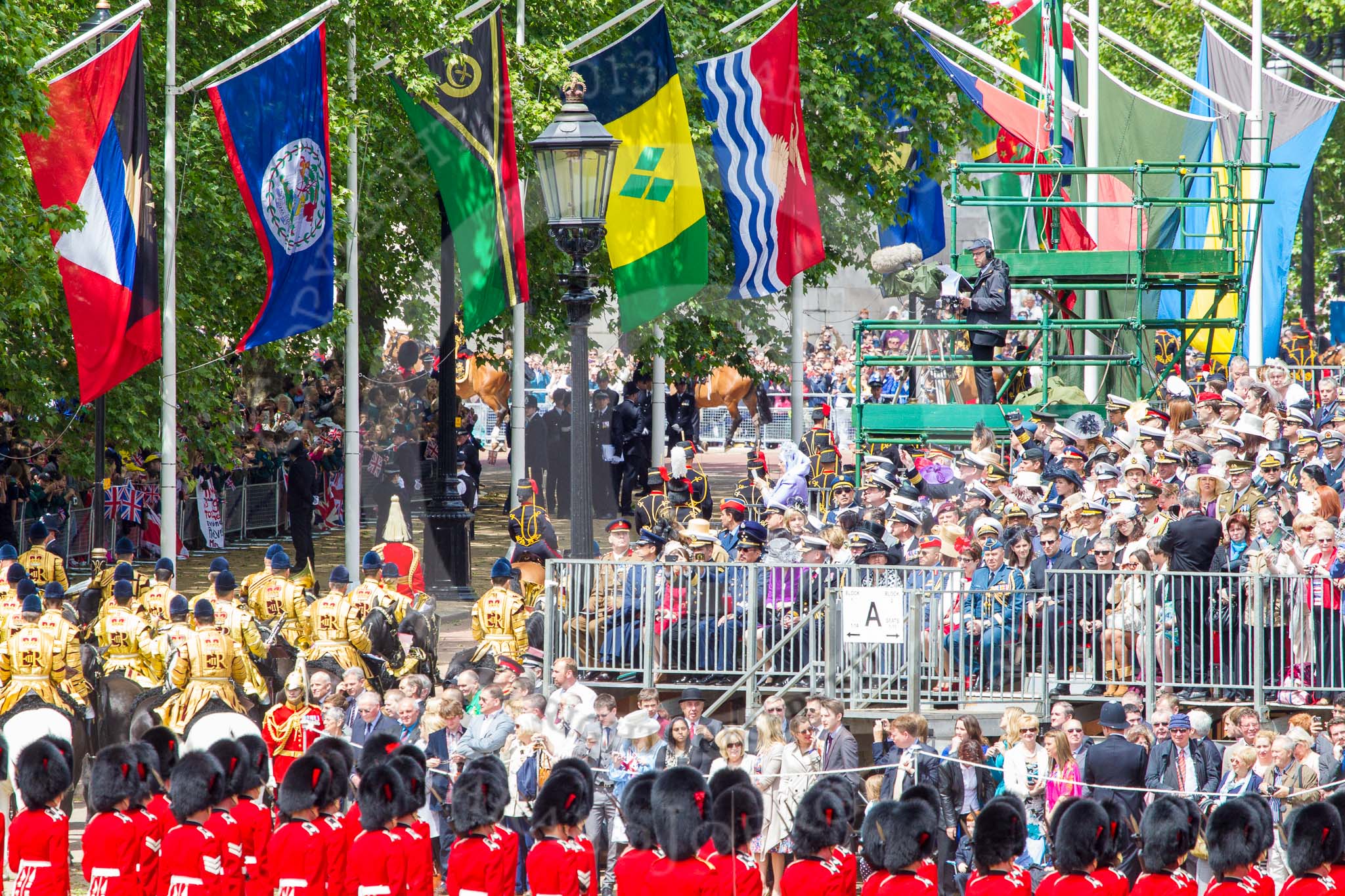 Trooping the Colour 2013: The King's Troop Royal Horse Artillery are marching off, some horses can be seen on The Mall. Image #766, 15 June 2013 12:04 Horse Guards Parade, London, UK