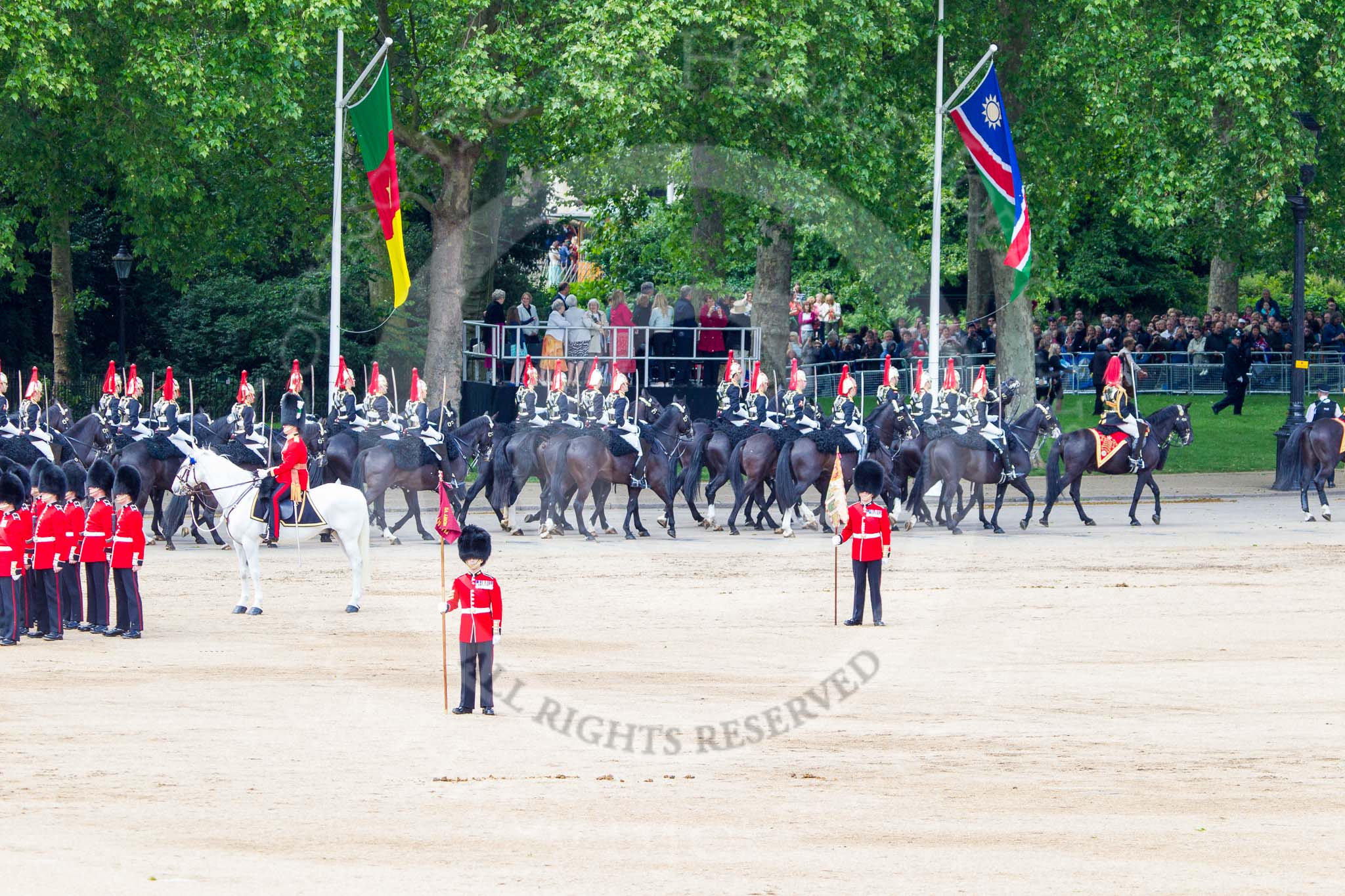 Trooping the Colour 2013: The Household Cavalry is marching off, here The Blues and Royals as third and fourth divisions of the Sovereign's Escort. Image #784, 15 June 2013 12:07 Horse Guards Parade, London, UK