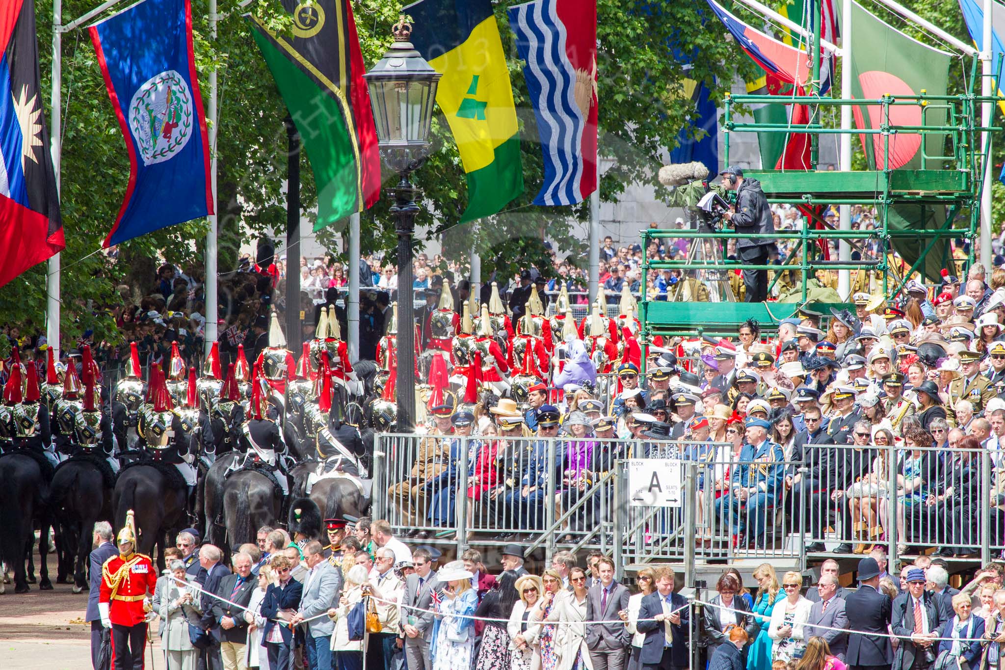 Trooping the Colour 2013: The Household Cavalry is marching off, The Life Guards, and behind them The Blues and Royals, on the way to The Mall. Image #795, 15 June 2013 12:08 Horse Guards Parade, London, UK