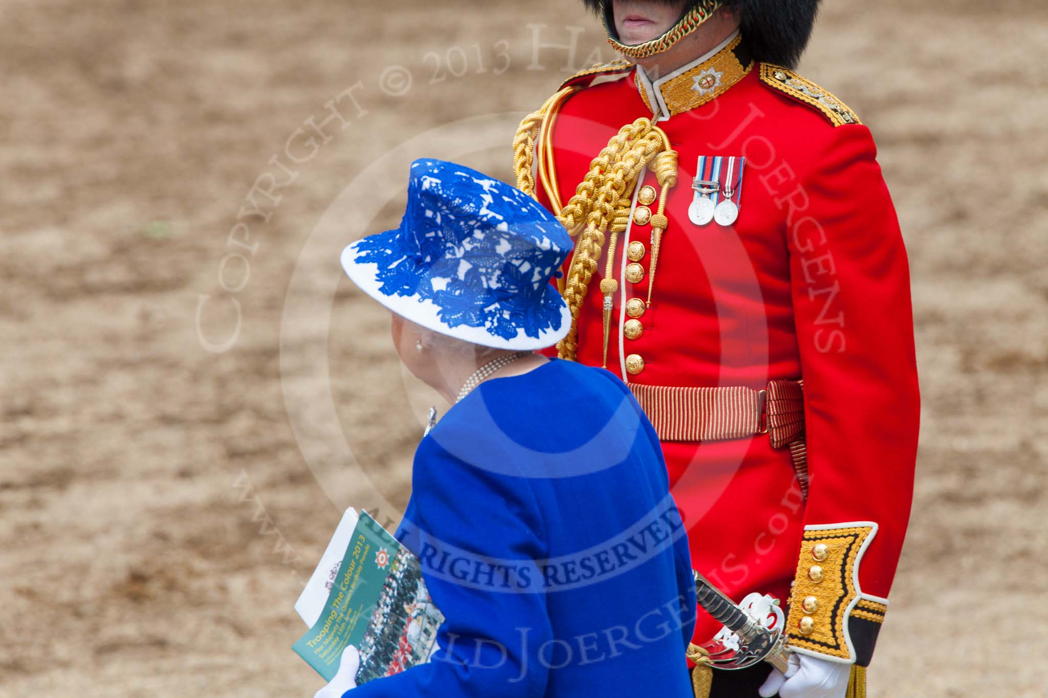 Trooping the Colour 2013: HM The Queen is leaving the dais, walking towards the glass coach. Image #803, 15 June 2013 12:09 Horse Guards Parade, London, UK