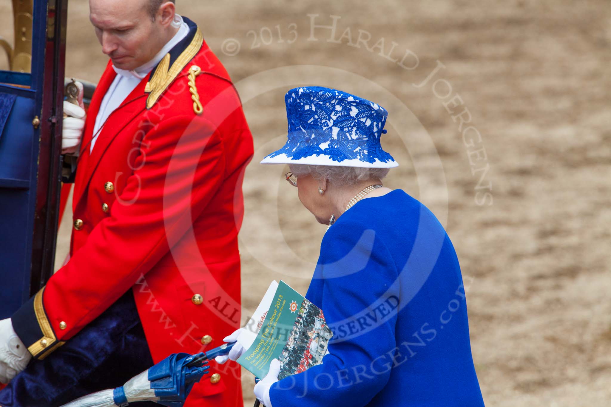 Trooping the Colour 2013: HM The Queen is about to board the glass coach for her journey back to Buckingham Palace. Image #804, 15 June 2013 12:09 Horse Guards Parade, London, UK