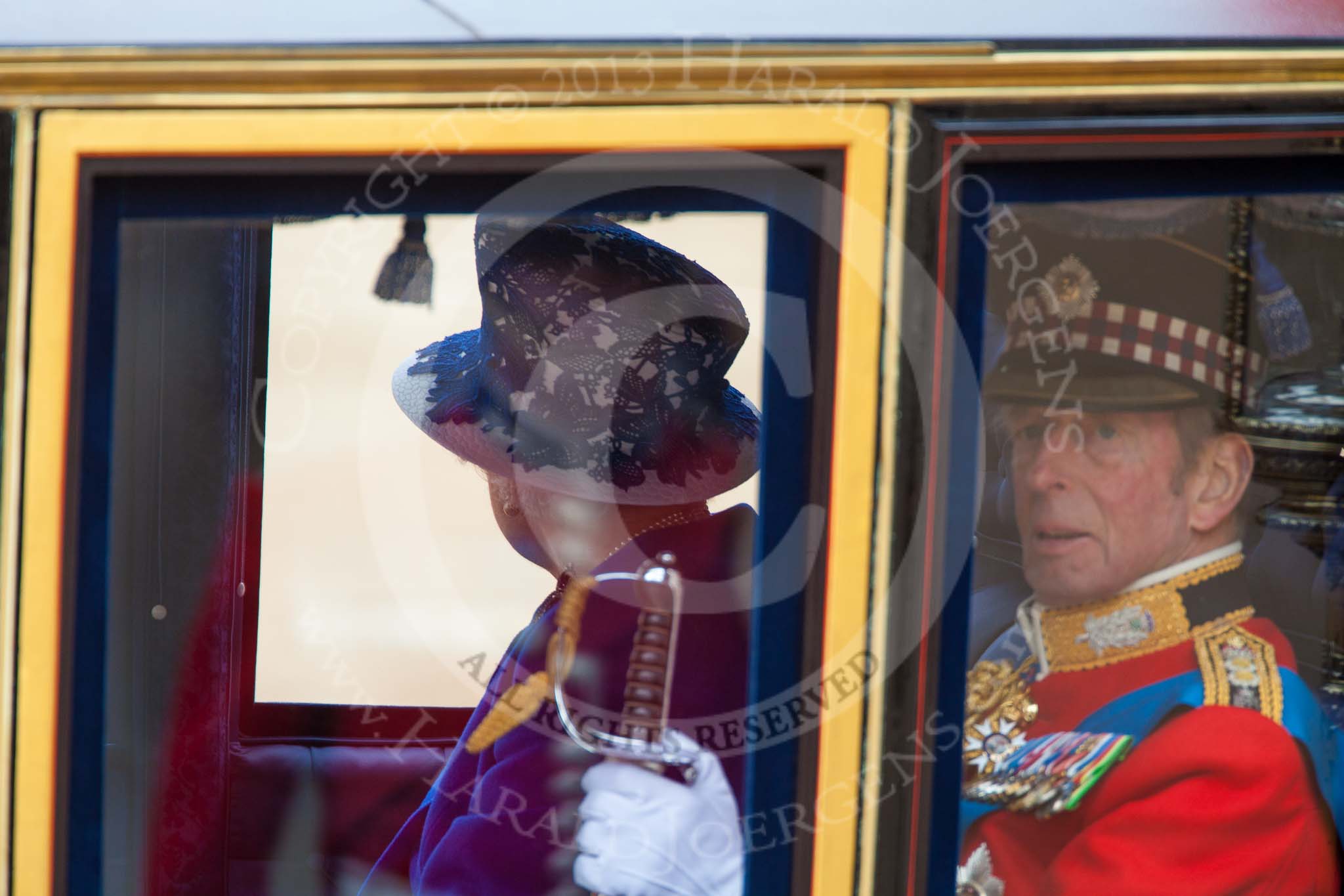 Trooping the Colour 2013: HM The Queen and HRH The Duke of Kent in the glass coach after the parade. Image #811, 15 June 2013 12:10 Horse Guards Parade, London, UK