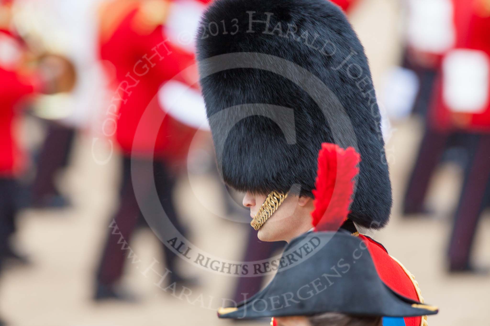 Trooping the Colour 2013: HRH HRH The Duke of Cambridge, Colonel Irish Guards, in a profile view. Image #814, 15 June 2013 12:10 Horse Guards Parade, London, UK