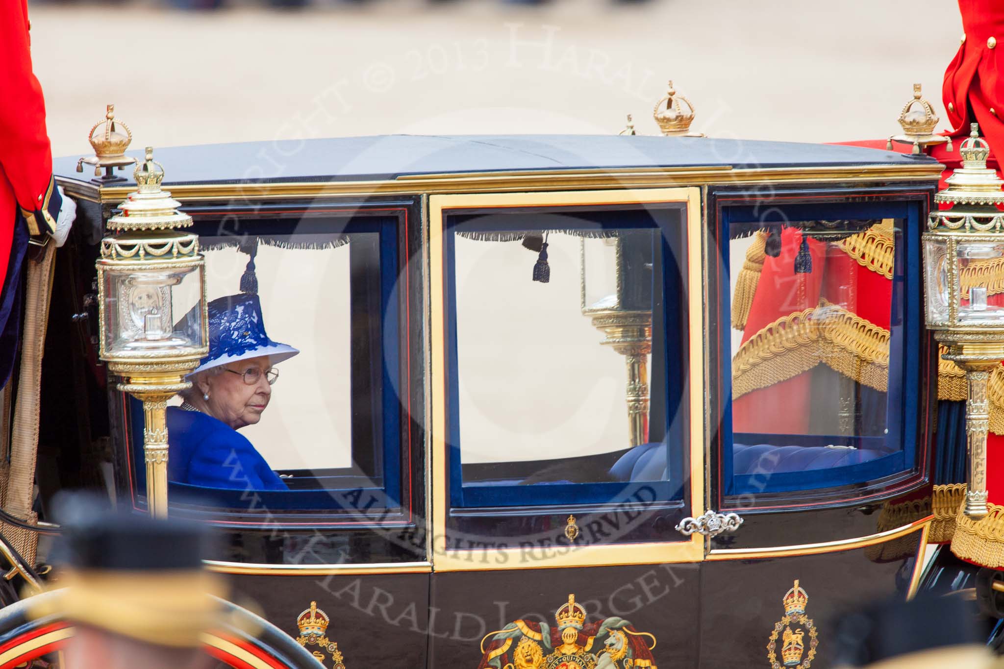 Trooping the Colour 2013: HM The Queen in the glass coach, leaving Horse Guards Parade. Image #818, 15 June 2013 12:11 Horse Guards Parade, London, UK