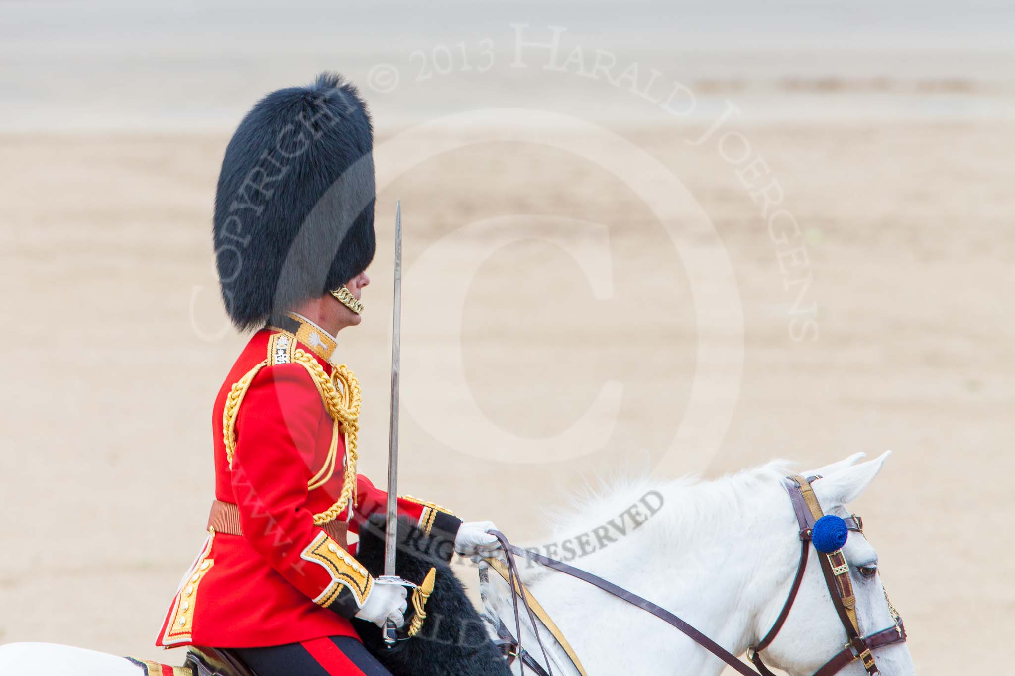 Trooping the Colour 2013: The Field Officer in Brigade Waiting, Lieutenant Colonel Dino Bossi, Welsh Guards, during the March Off. Image #822, 15 June 2013 12:11 Horse Guards Parade, London, UK