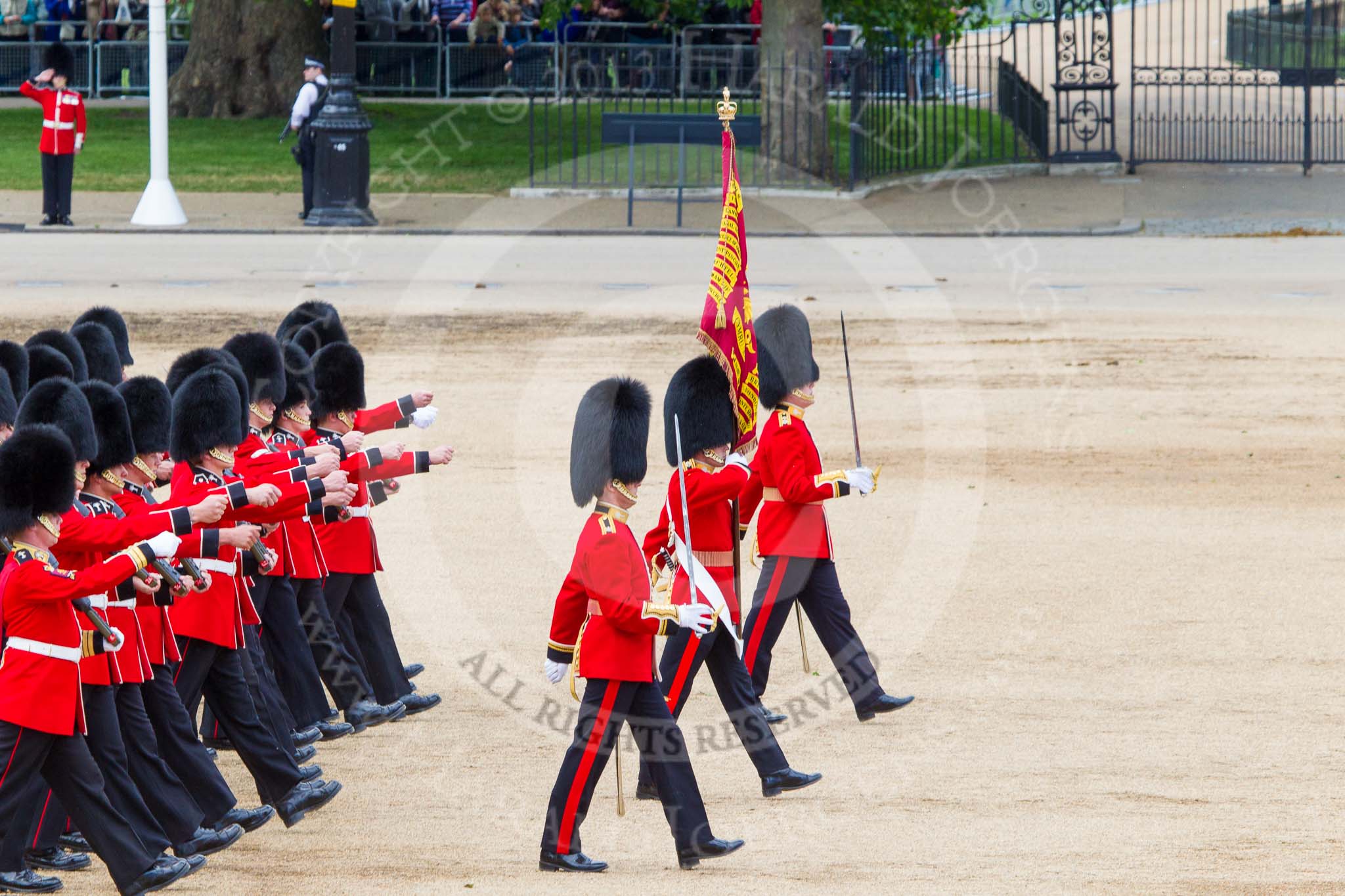 Trooping the Colour 2013: No. 1 Guard (Escort for the Colour),1st Battalion Welsh Guards, during the March Off. Ensign, Second Lieutenant Joel Dinwiddle, carrying the Colour. On his right Major E N Launders, on his left Captain F O Lloyd-George. Image #825, 15 June 2013 12:11 Horse Guards Parade, London, UK