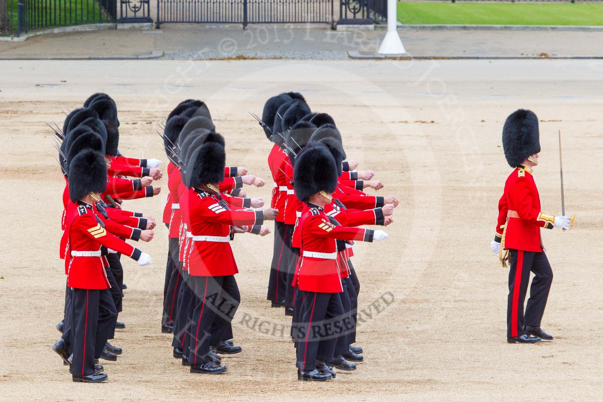 Trooping the Colour 2013: No. 2 Guard, 1st Battalion Welsh Guards, during the March Off, led by Lieutenant E C S Birrell. Image #833, 15 June 2013 12:11 Horse Guards Parade, London, UK