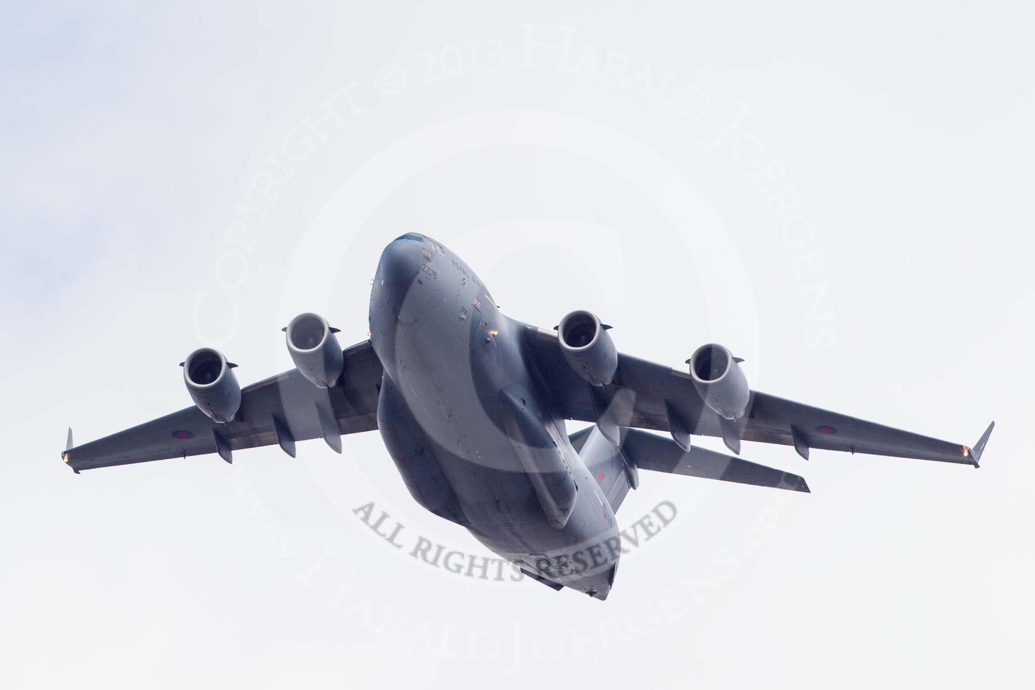 Trooping the Colour 2013: The RAF Flypast - the enormous C-17 Globemaster, with two HS-125 from RAF Northolt. Image #907, 15 June 2013 13:01 Horse Guards Parade, London, UK