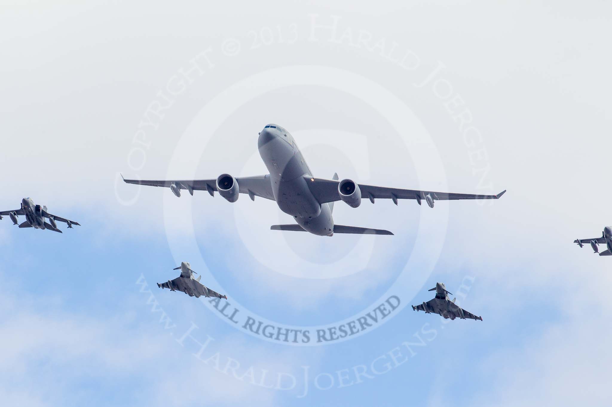 Trooping the Colour 2013: The RAF Flypast - Voyager, 2x Typhoon, and 2x Tornado GR4 on the outside of the formation. Image #921, 15 June 2013 13:02 Horse Guards Parade, London, UK