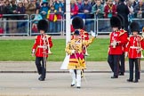 Trooping the Colour 2013: Drum Major Stephen Staite, Grenadier Guards, leading the third of the guards bands, the Band of the Scots Guards, onto Horse Guards Parade..
Horse Guards Parade, Westminster,
London SW1,

United Kingdom,
on 15 June 2013 at 10:23, image #78