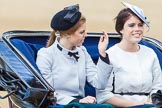 Trooping the Colour 2013: HRH Princess Beatrice of York and HRH Princess Eugenie of York in the second barouche carriage on the way across Horse Guards Parade to watch the parade from the Major General's office..
Horse Guards Parade, Westminster,
London SW1,

United Kingdom,
on 15 June 2013 at 10:50, image #211