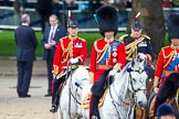 Trooping the Colour 2013: The Equerry in Waiting to Her Majesty, Lieutenant Colonel Alexander Matheson of Matheson, younger, and Crown Equerry Colonel Toby Browne in focus behind the Royal Colonels..
Horse Guards Parade, Westminster,
London SW1,

United Kingdom,
on 15 June 2013 at 11:06, image #363