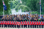 Trooping the Colour 2013: No. 1 Guard (Escort for the Colour),1st Battalion Welsh Guards, with the Ensign in the centre, the King's Troop Royal Horse Artillery, and the St James's Park Lake behind. Image #166, 15 June 2013 10:42 Horse Guards Parade, London, UK